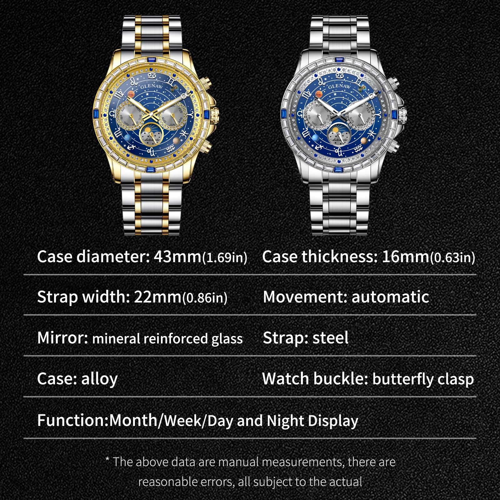 Glenaw Automatische Uhren für Herren und Herren, mechanische Uhr, drehbares Zifferblatt mit himmlischem Stern, Tag, Datum, Monat, Mondphasenanzeige, selbstaufziehende Uhr, Leuchtzeiger