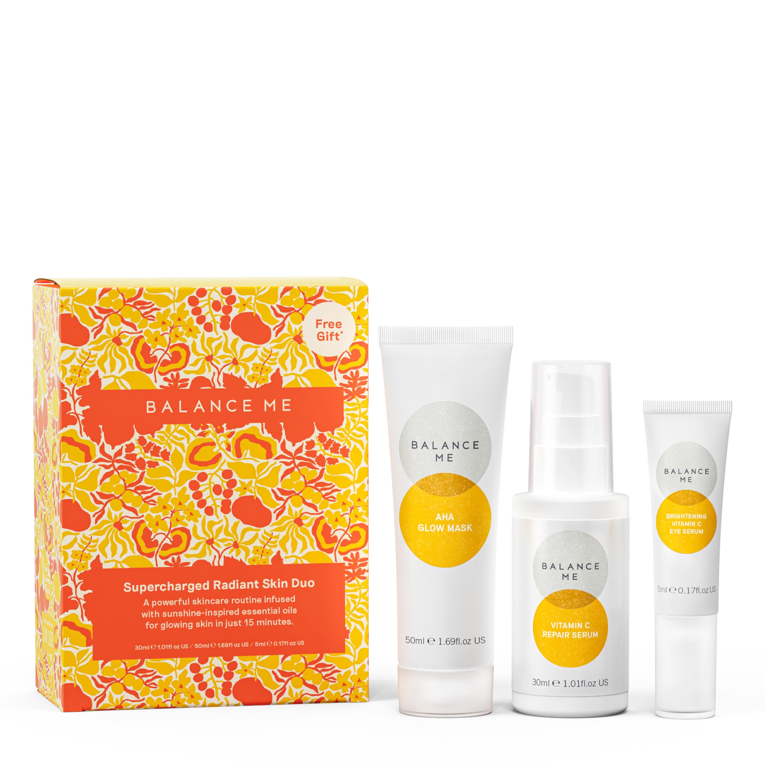 Balance Me Supercharged Radiant Skin Duo, Skincare Set with AHA Glow Mask, Vitamin C Repair Serum & Free Vitamin C Eye Serum, Anti-Aging, Brightening