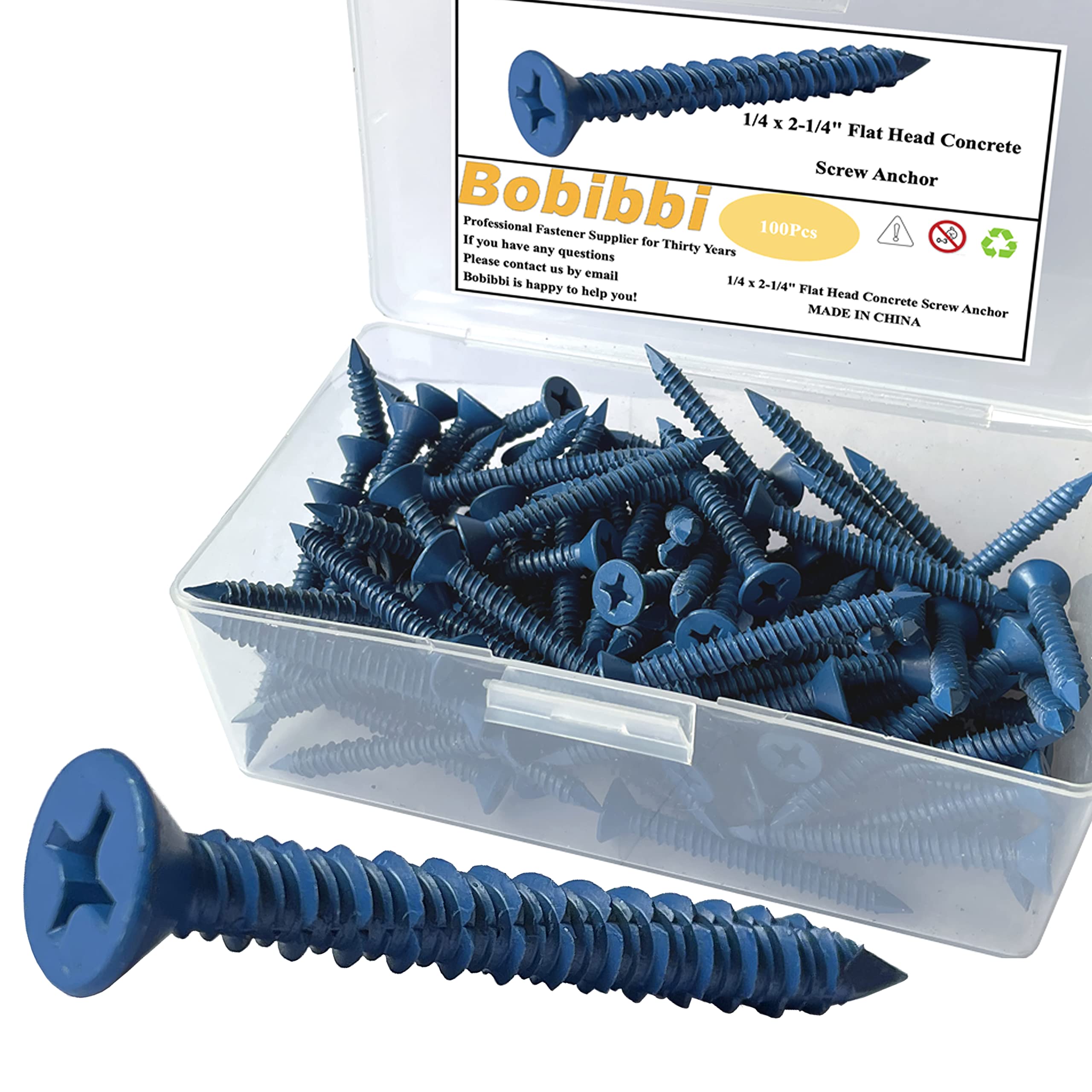 1/4 x 2-1/4" Flat Head Concrete Screw Anchor, for Anchoring to Masonry, Block or Brick (100Pcs)