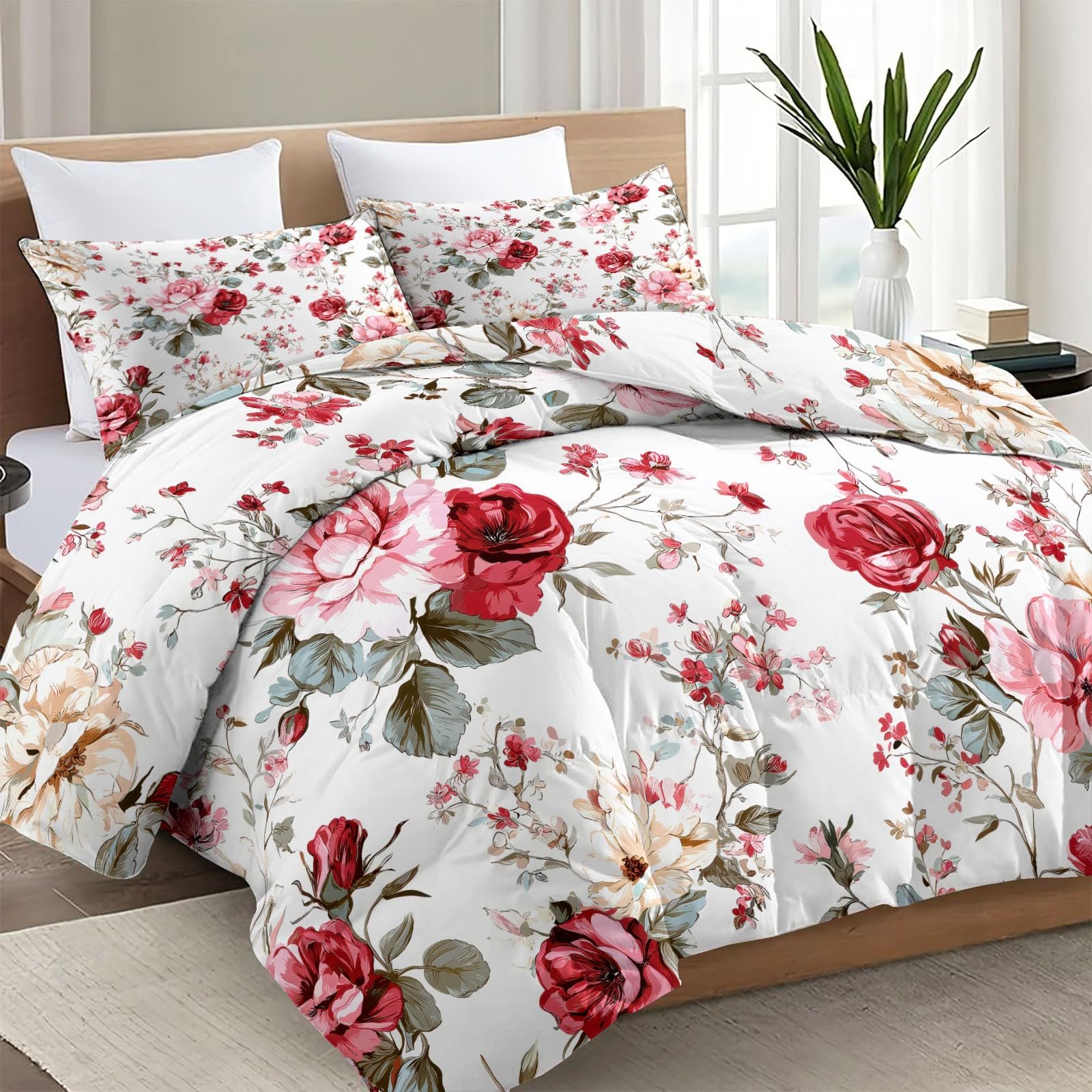 Fein Aquarell Rose Blätter Bettdecke 4-Jahreszeiten 135x200cm, Waschbar Blumen Bedruckte Bettdecke ohne Bezug, Rosa Wende Steppdecke Weich und Weiche Ganzjahresdecke für Einzelbett
