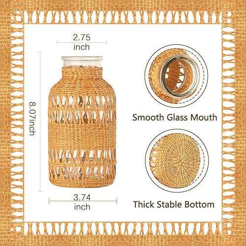 Miniatura 4 de ZENS Jarrón bohemio de ratán, cubierta de mimbre tejida a mano, florero de cristal para hierba de las pampas, florero artístico de otoño estilo