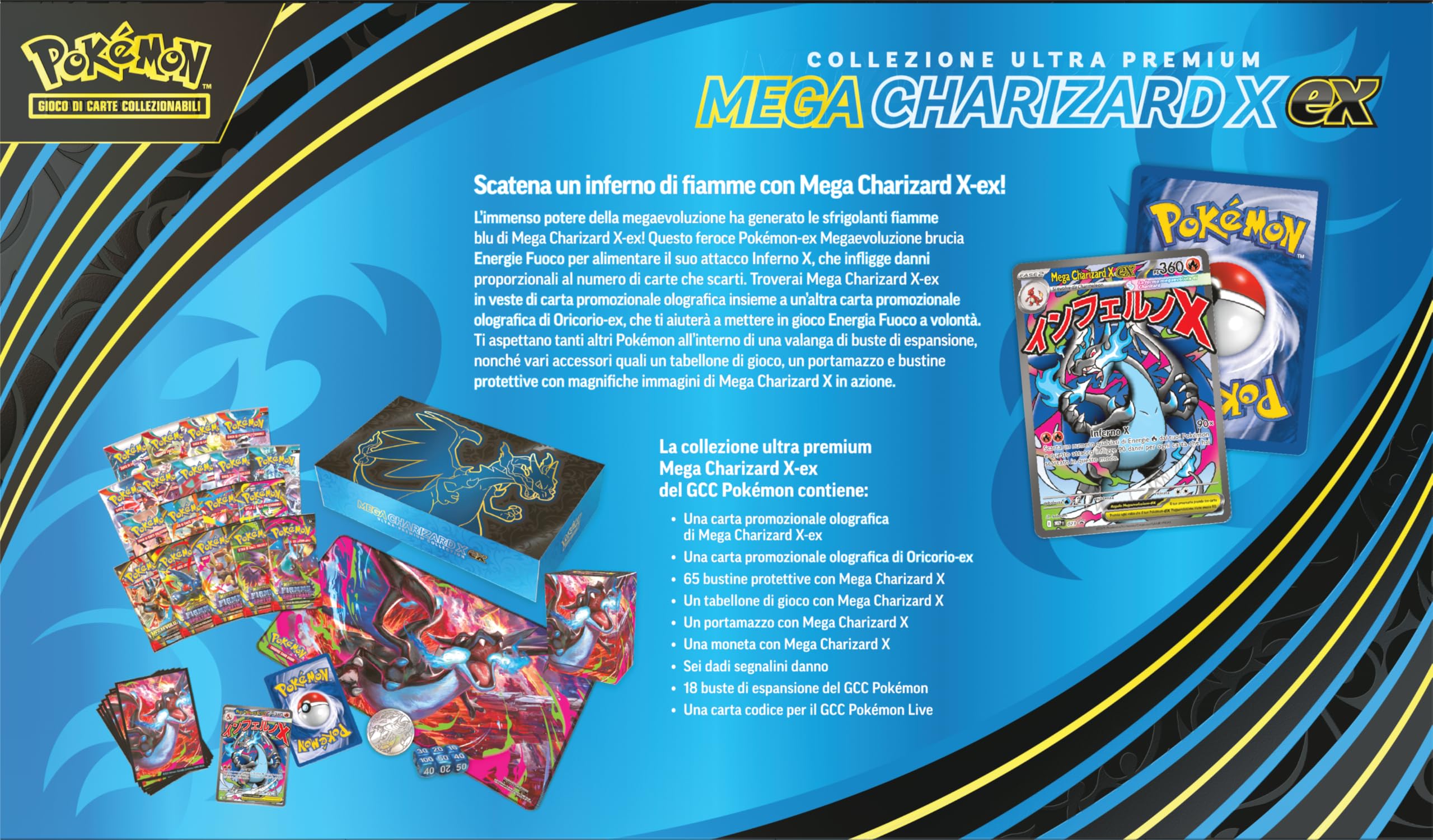 Pokémon: Collezione Ultra Premium Mega Charizard X-ex del GCC Pokémon (due carte promozionali olografiche, 18 buste di espansione e accessori premium), Edizione in Italiano