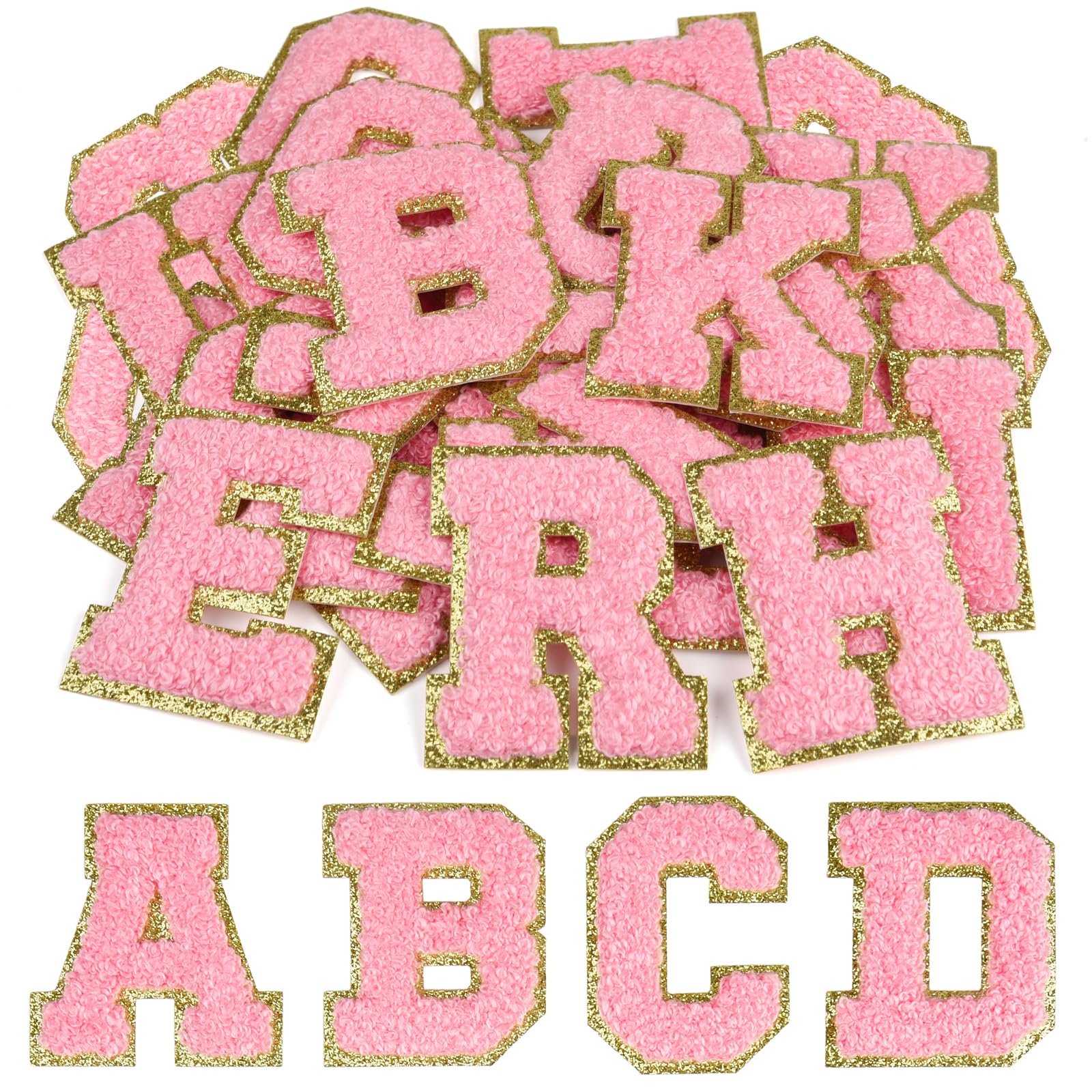 CHRORINE 26/52/104 Pcs Self Adhesive Chenille Letter Patches A-Z, Also Supports Sew or Iron on, Embroidered Alphabet Patches Stickers for DIY Clothing, Bags, Hats (26, Pink, Height 2.16″)