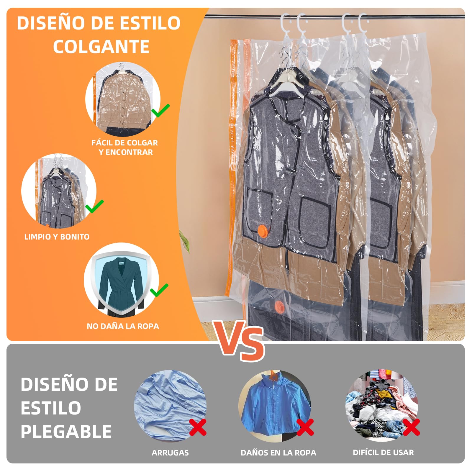 AGPTEK 6 Bolsas Vacío Colgantes para Trajes y Abrigos con Bomba Eléctrica, Ahorra 80% Espacio, Material PA+PE 8 Mil Reutilizable para Viaje y Almacenamiento Ropa