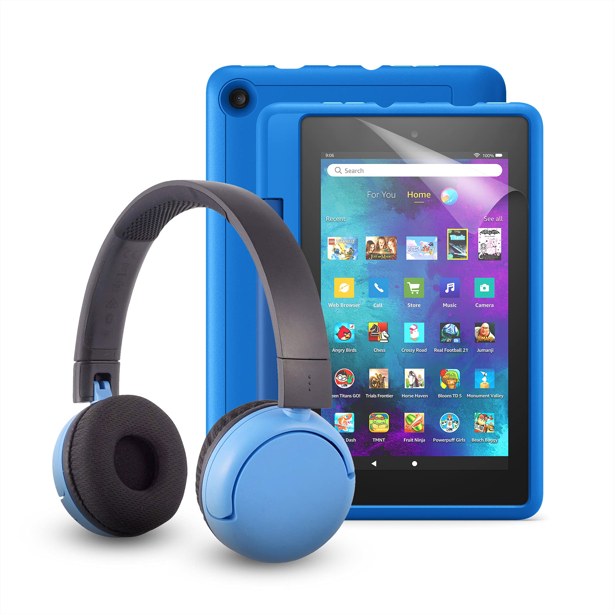 Fire 7 Kids Pro tablet (Sky Blue) + BuddyPhones Poptime Bluetooth Headset (Blue, Ages 8-15) + NuPro Screen Protector (2-Pack)
