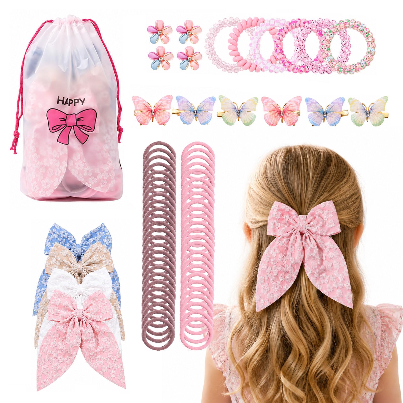 Ciqocibi 70 Piece Girls' Hair Accessories Set, Hair Bobbles, Spiral Hair Bands, Hair Clips, Butterfly Hair Clips, Flower Hair Pins, Hair Bows for Kids and Toddlers