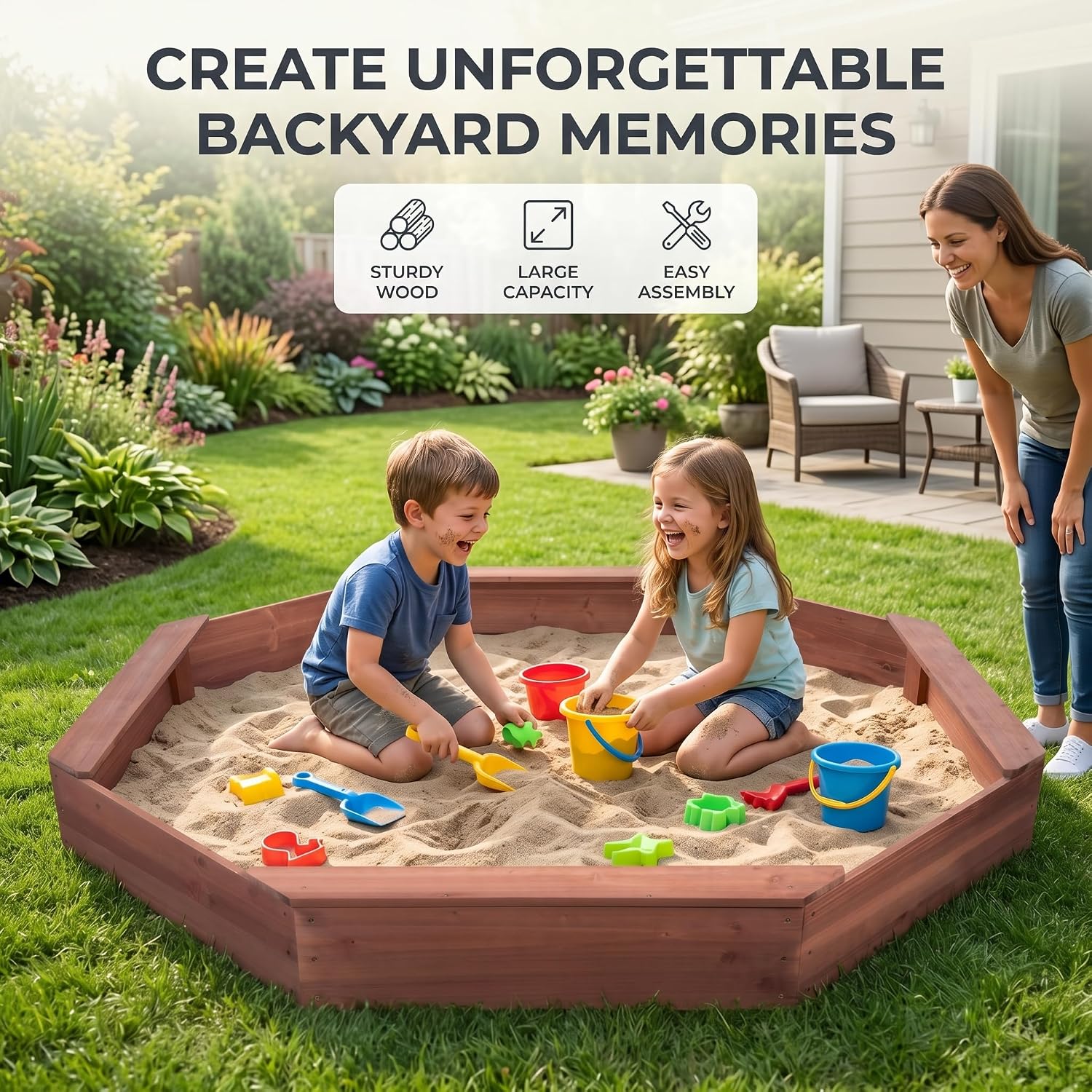 Outdoor Octagonal Wooden Sandbox for Kids,Large Sandbox with Oxford Fabric Cover, Big Sand Pit with 4 Benches, Spacious Play Area for Kids Ages 3-10,Backyard,Patio (Red, Octagon - Large)