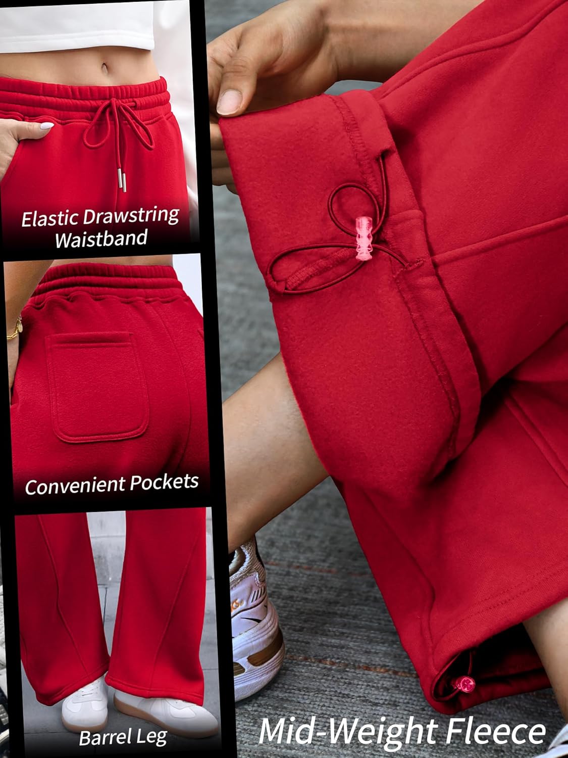 ELLEVEN Women's Fleece-Lined Barrel Leg Sweatpants Pants Casual with Adjustable Ankle Drawstring & Pockets - Image 4
