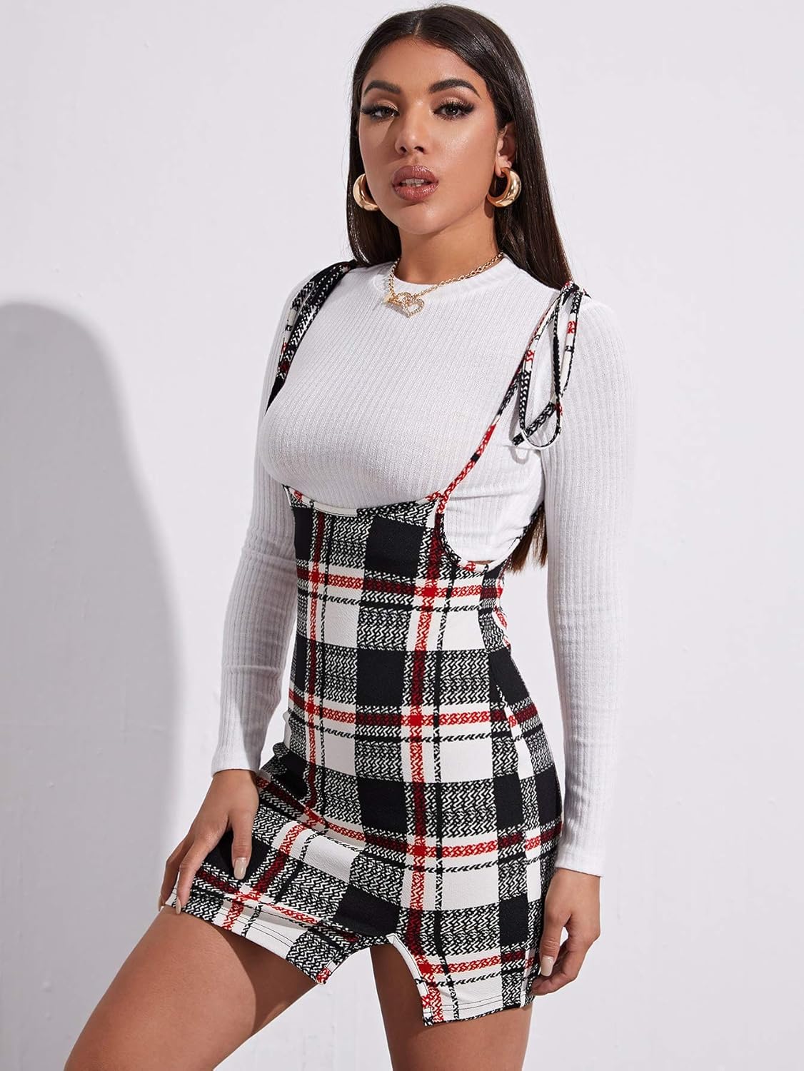 Shoulder split hem plaid overall dress Clearance