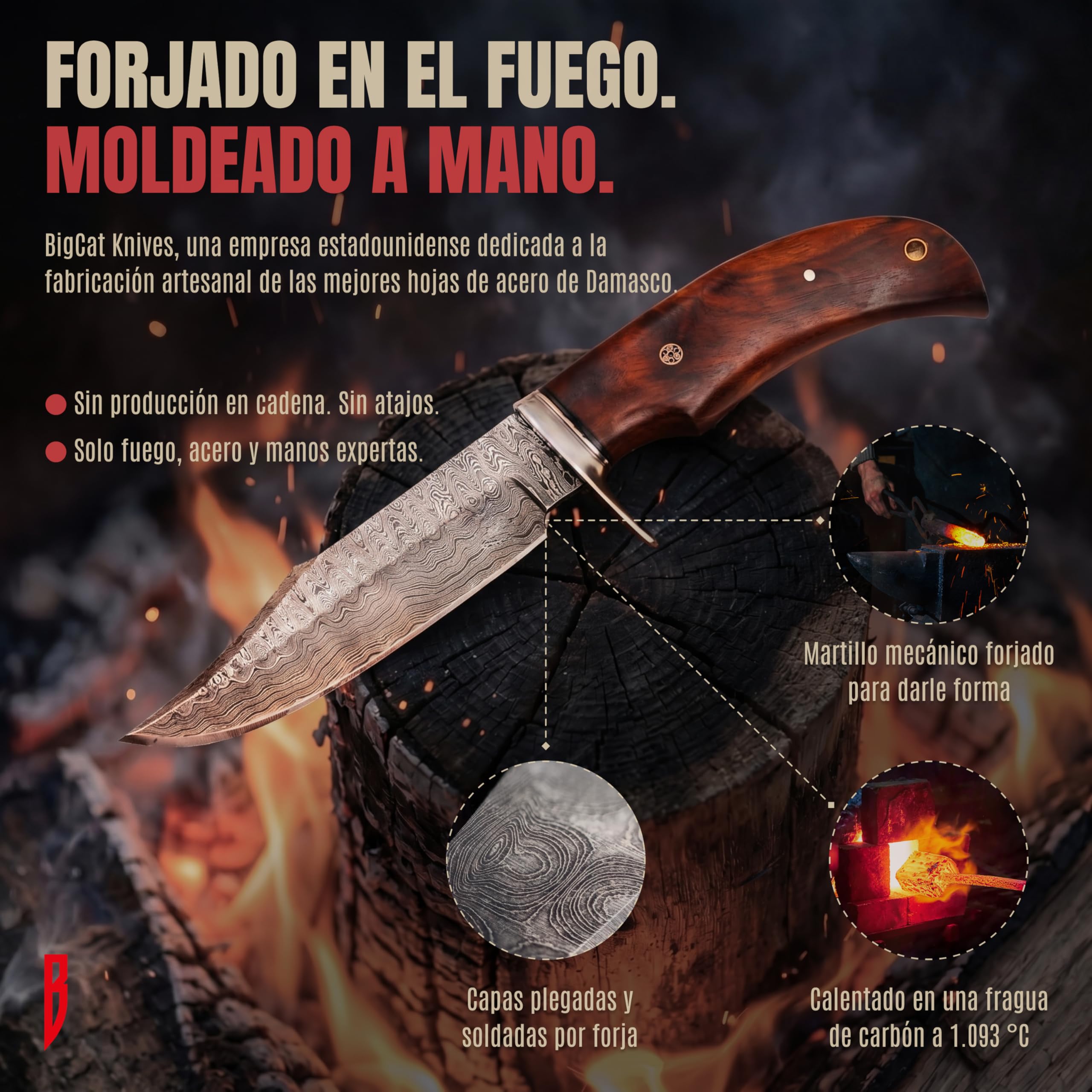 BIGCAT ROAR Cuchillo de Caza Premium Hecho a Mano de Acero de Damasco con Funda - 25 cm Hoja Fija con Mango de Madera de Nogal - Cuchillo Multiuso para Hombre - Bear Hunter