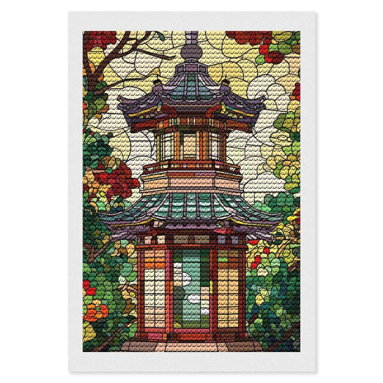 Junmoney Stained Glass Pagoda with Floral Surroundings Diamond Painting Set 8"x12", for Beginners, Modern Decor, Simple to Start, Gift Idea, Pleasing Wall Art Project