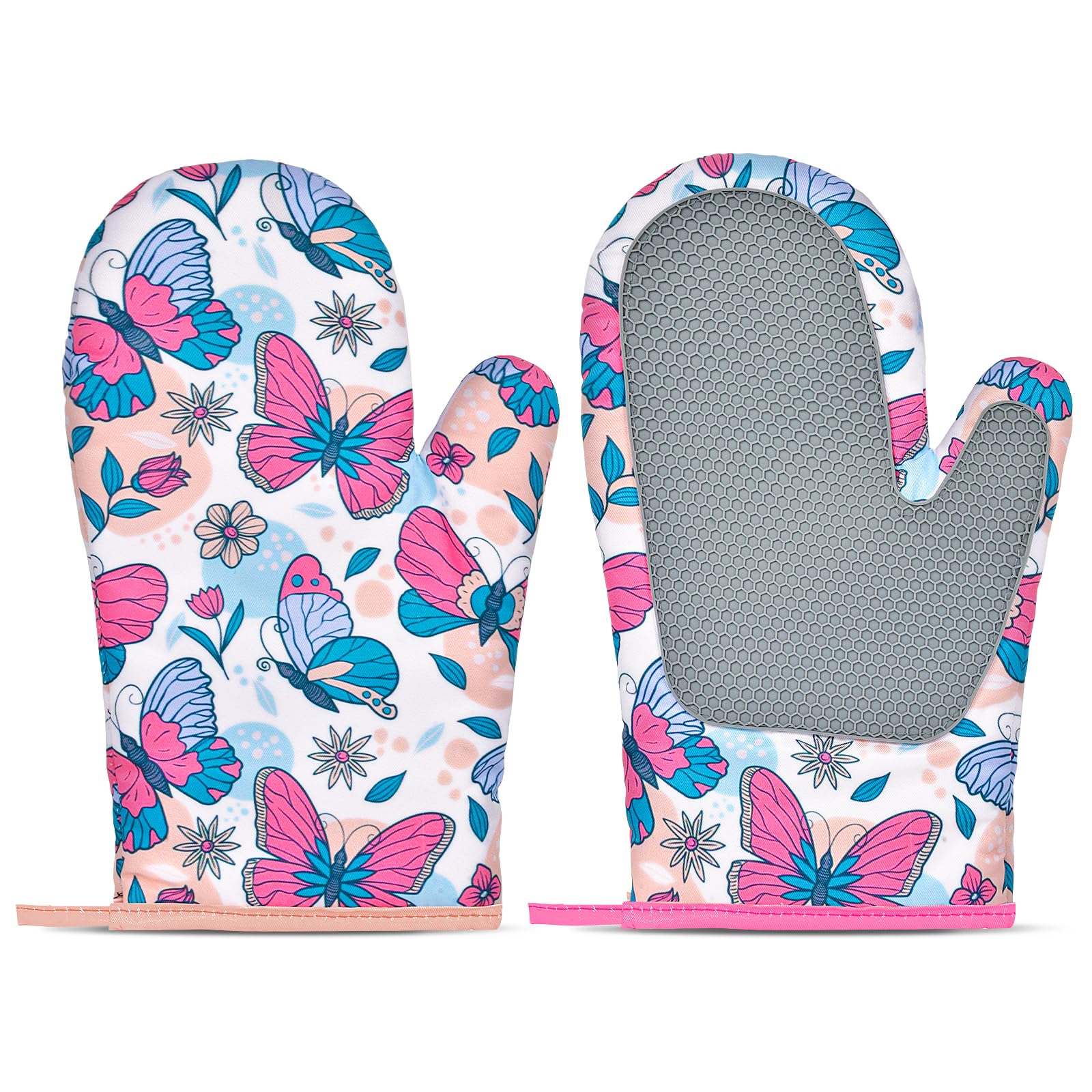 Silicone Oven Gloves Heat Resistant, 1 Pair Non-Slip Oven Mitts 28cm Long, Funny Oven Glove Thick for Grilling, Cooking, Baking, Barbecue, Kitchen Accessories (Butterfly)