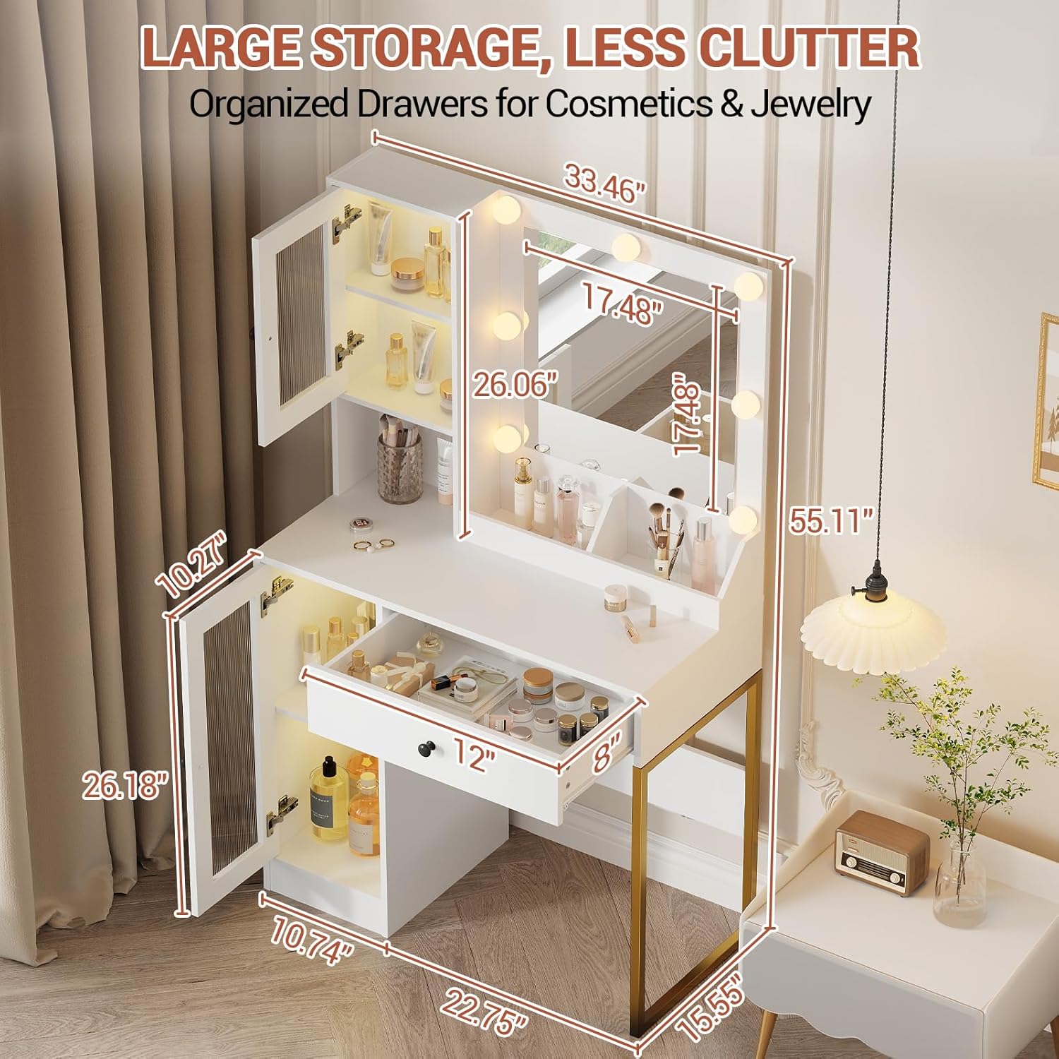 GAOMON Makeup Vanity Desk with Mirror and Lights, Vanity Table with Charging Station, RGB Lights Wood Dressing Table for Bedroom, for Girls