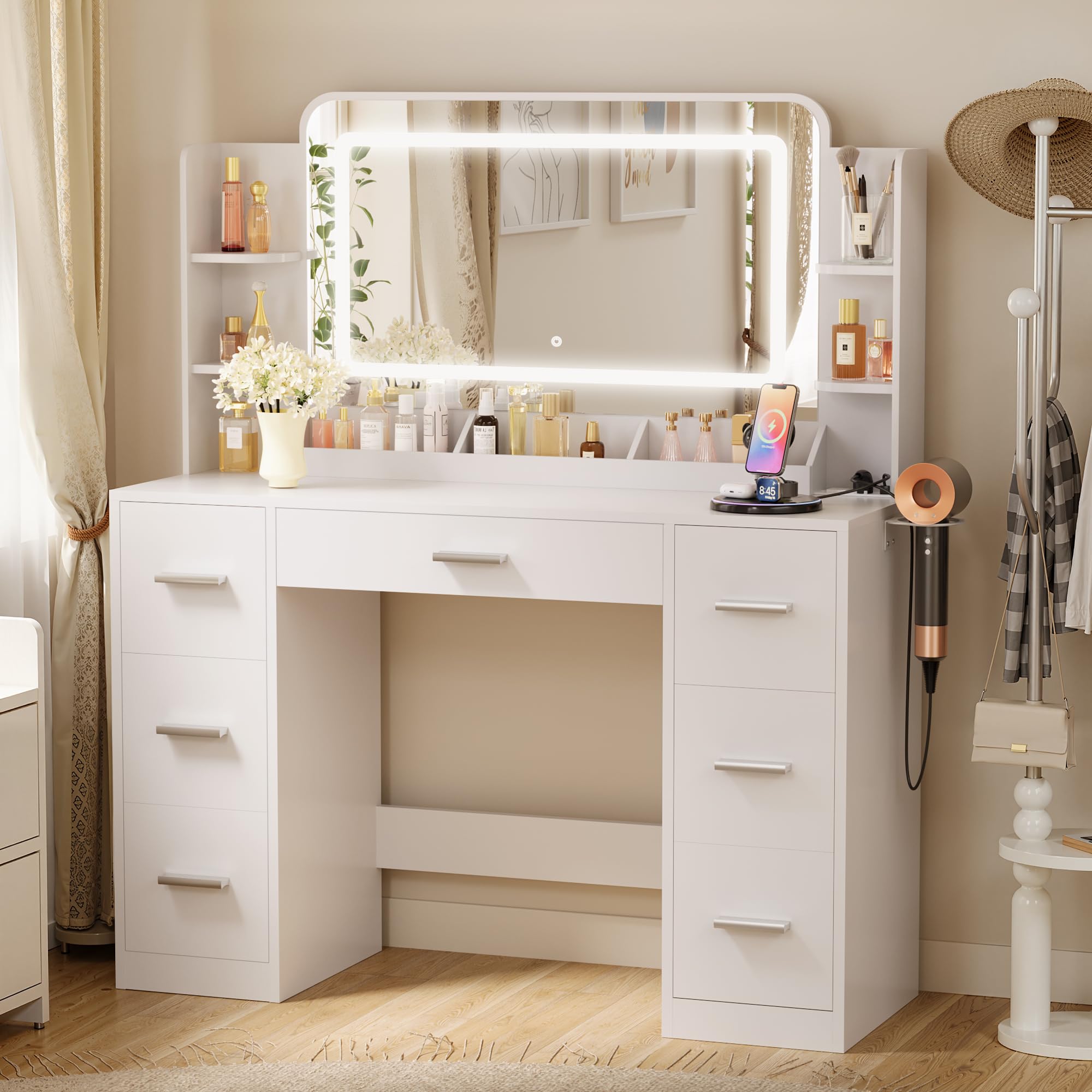 Furmax Vanity Desk with Mirror with LED Light Strip, Makeup Vanity with 2 AC Outlets and1 USB＆1 Type-C Port, 3 Modes Adjustable Lighting Mirror, Modern Ample Storage Drawers Dressing Table, White