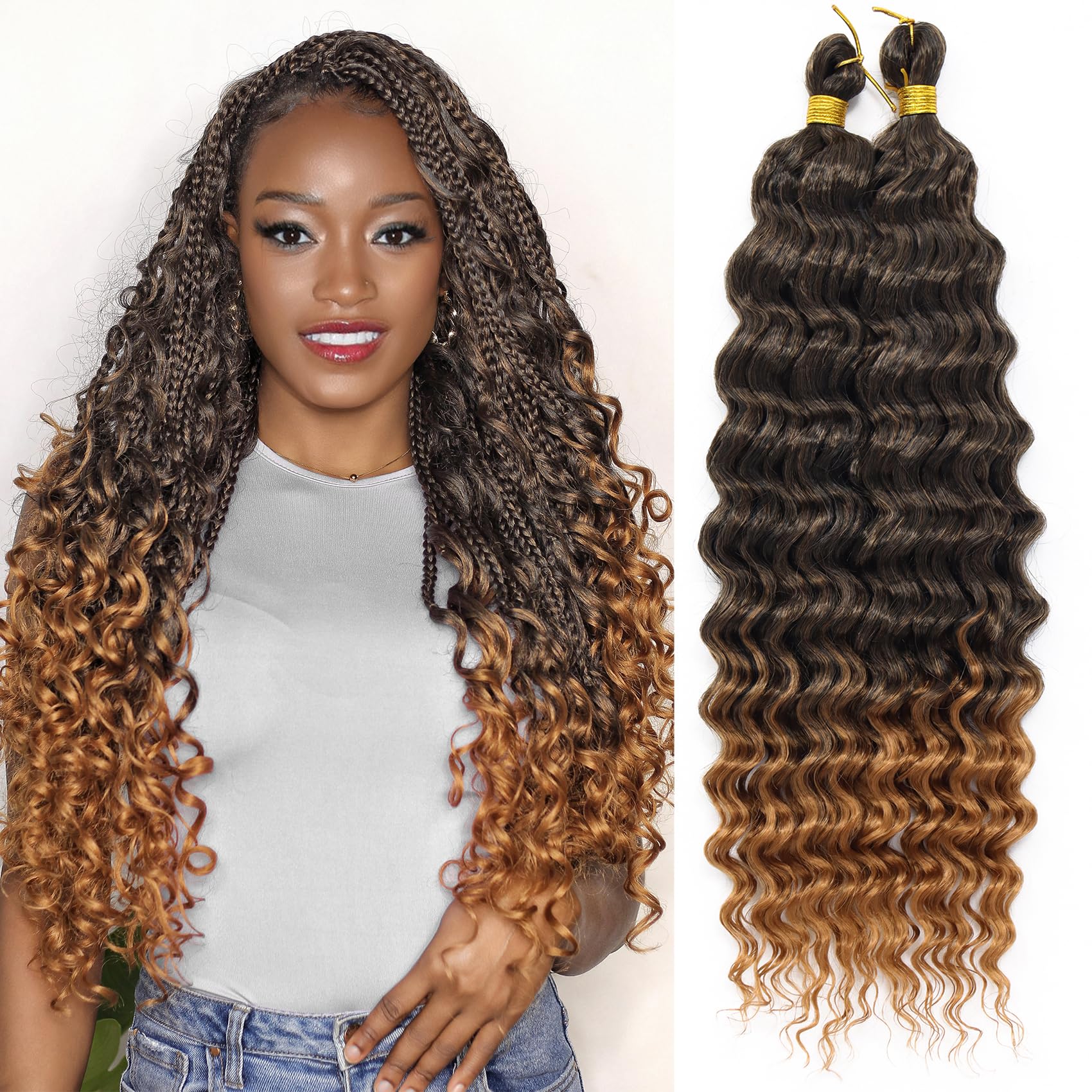 Eerya Long Curly Braiding Hair 18 Inch 2 Packs Ocean Wave Crochet Hair for Black Women Deep Wave Braiding Hair for Boho Braids (18 inch, T1B/30)