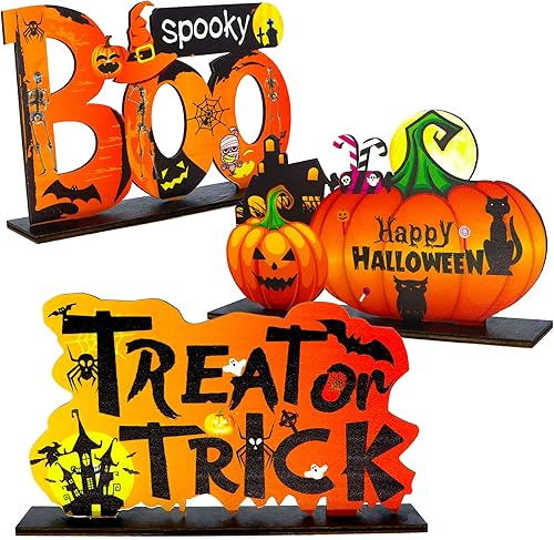 3 piezas de decoración de madera para mesa de Halloween, centros de mesa de calabaza, letrero de madera para día de dulces para fiesta de Halloween,