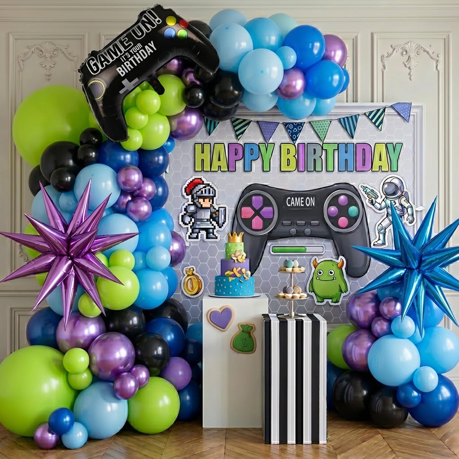 Video game balloon garland arch kit 140pcs purple blue green black balloons with Diy star controller mylar balloon for gamer night Birthday party decorations
