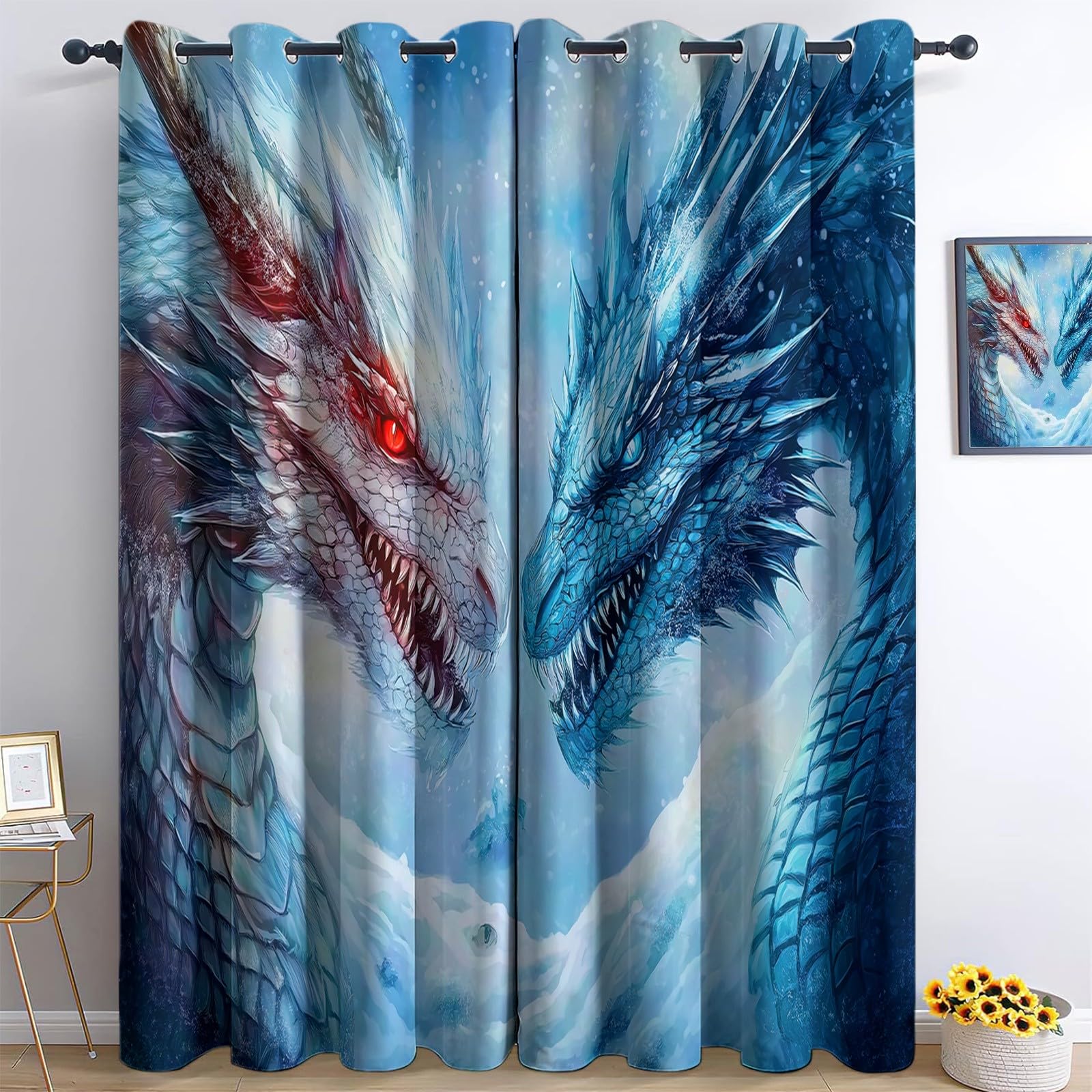 Fantasy Art Dragon zasłony zaciemniające z oczkami, niebieskie, nadające się do prania, poliester, ochrona prywatności, do sypialni, salonu, 166 x 150 cm
