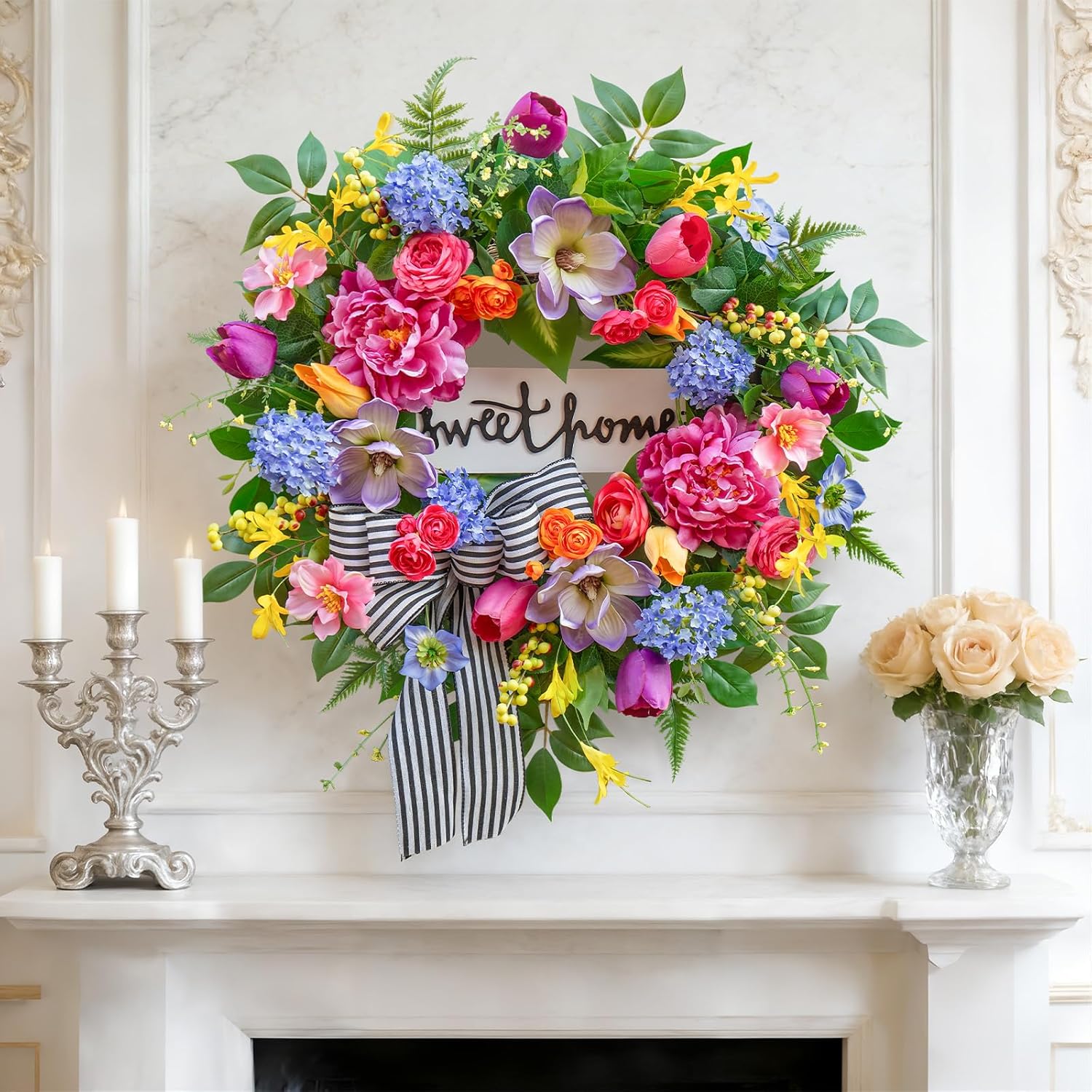 Spring Wreaths for Front Door Outside– 24 Inch Spring Door Wreath with Pink Peonies, Roses,Blue Hydrangeas&Yellow Tulips,Colorful Welcome Summer Wreaths for Front Door Porch & Entryway Decor