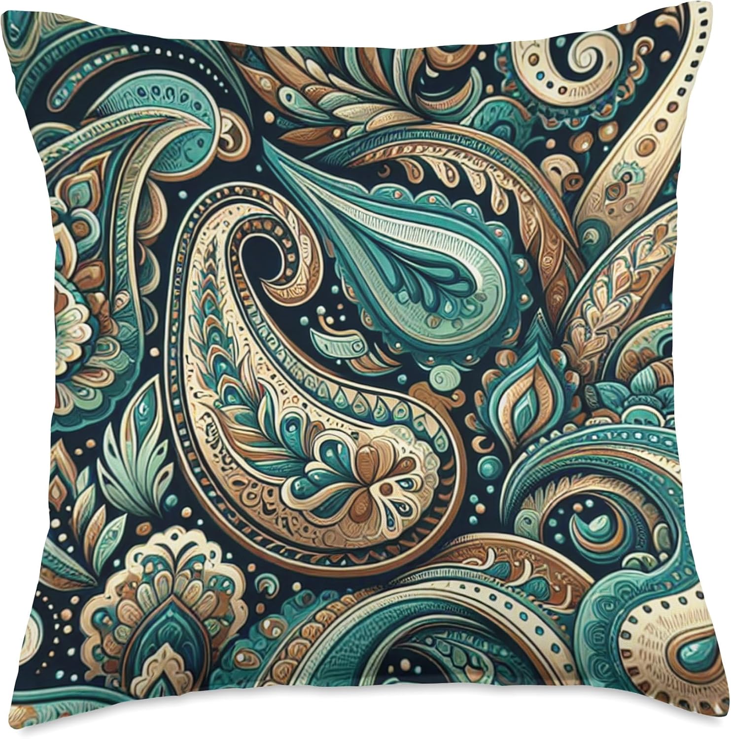 Elegant Paisley Pattern in Teal and Brown Throw Pillow