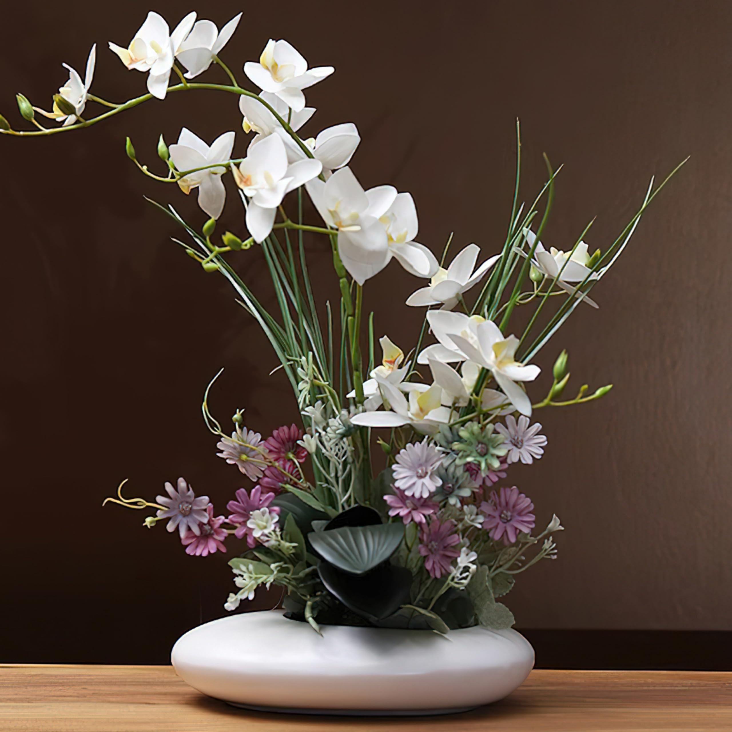 SYDDOL Orchidée Artificielle en Pot, 45 cm de Hauteur, Orchidée Factice au Look Réaliste, Arrangement Floral Zen Décoratif pour la Décoration de Maison (Fleur Blanche + Pot Blanc)