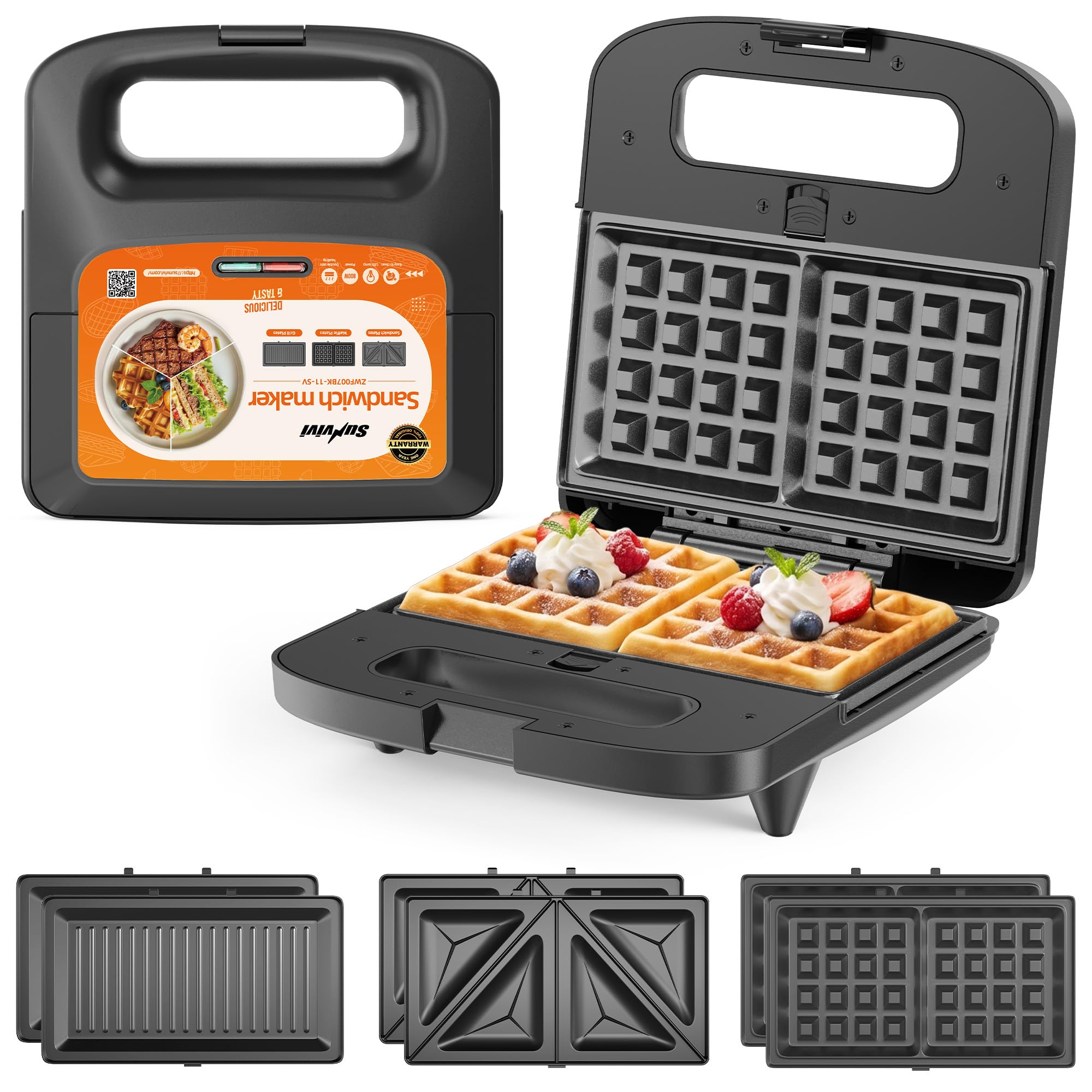 3 in 1 Electric Sandwich Maker with Removable Nonstick Plates - 800W,Black