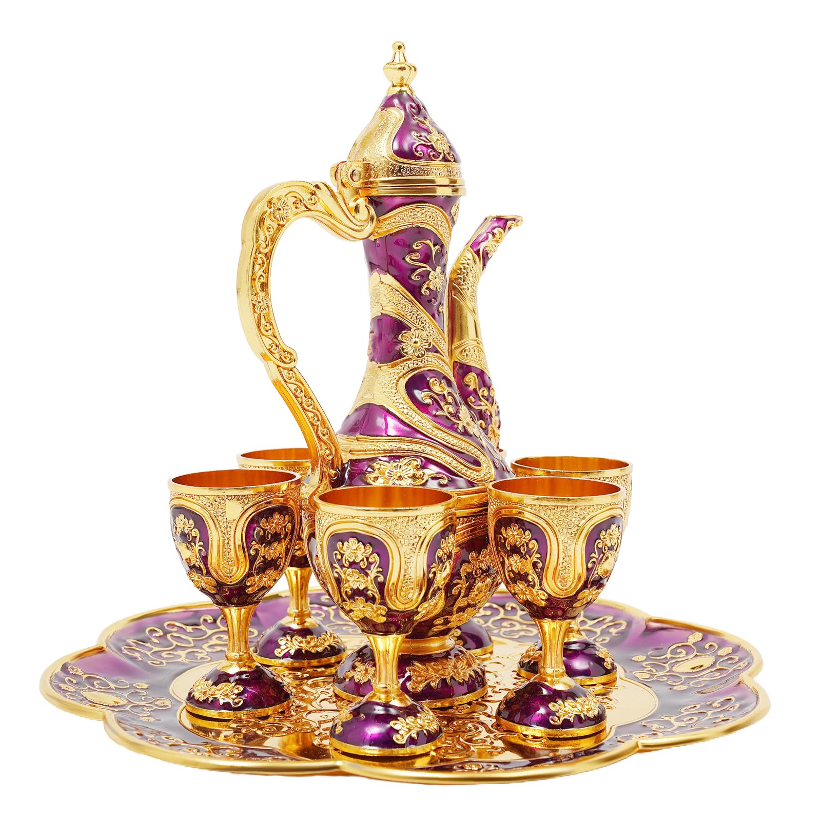 Vintage Turkish Coffee Pot and Cups Set, Metal Tea Service Set for Wine Cabinet Decor, Craft Decorations Flagon Set for Serving Tea Coffee Wine, Birthday/Housewarming/Wedding Gift (Purple, Gold)