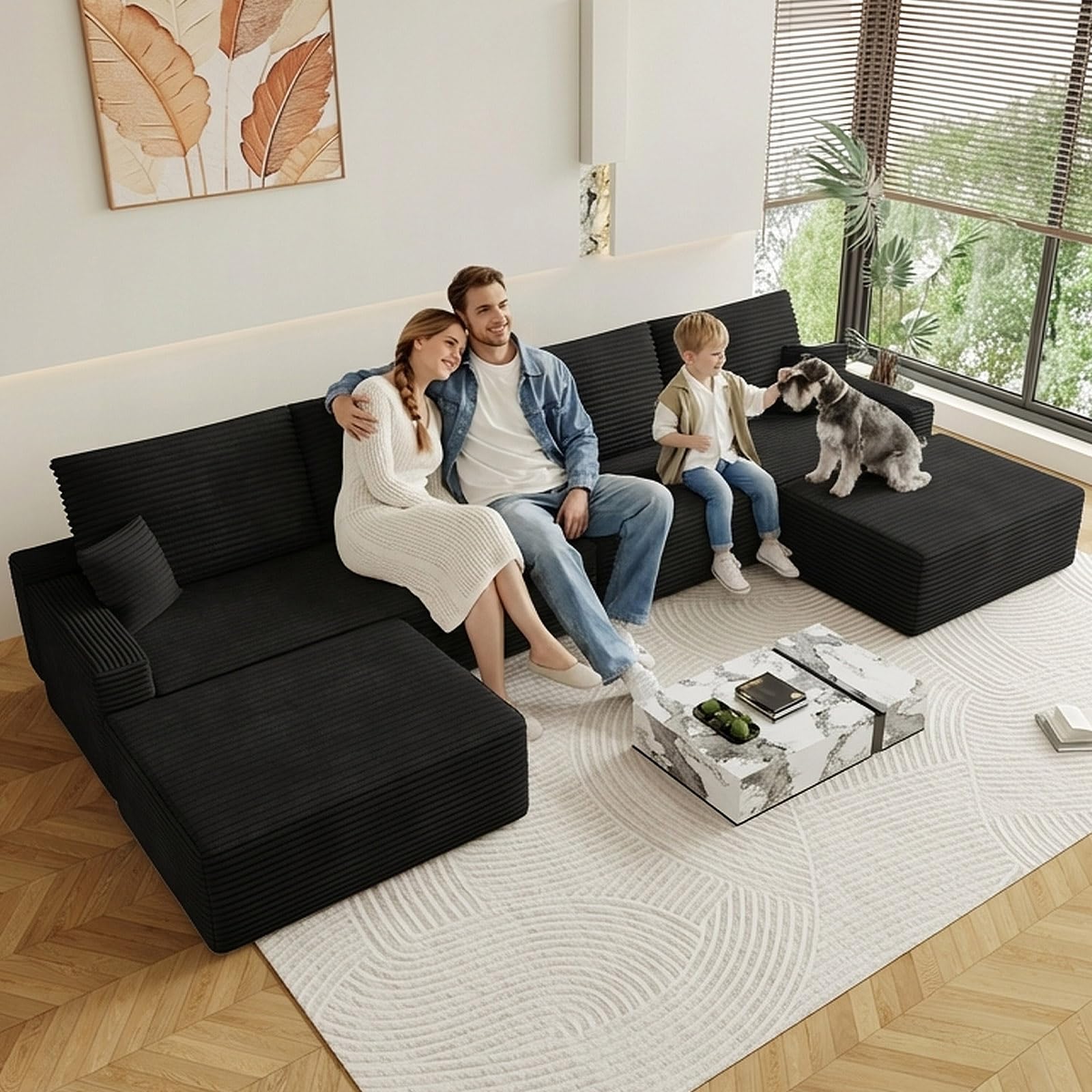 Oversized Modular Sectional Sofa Couch, Large 6 Seater Corner Sofa Modern U Shaped Sectional Couch with Ottoman Cloud Couches for Living Room, Office, Spacious Space, Corduroy, No Assembly, Black