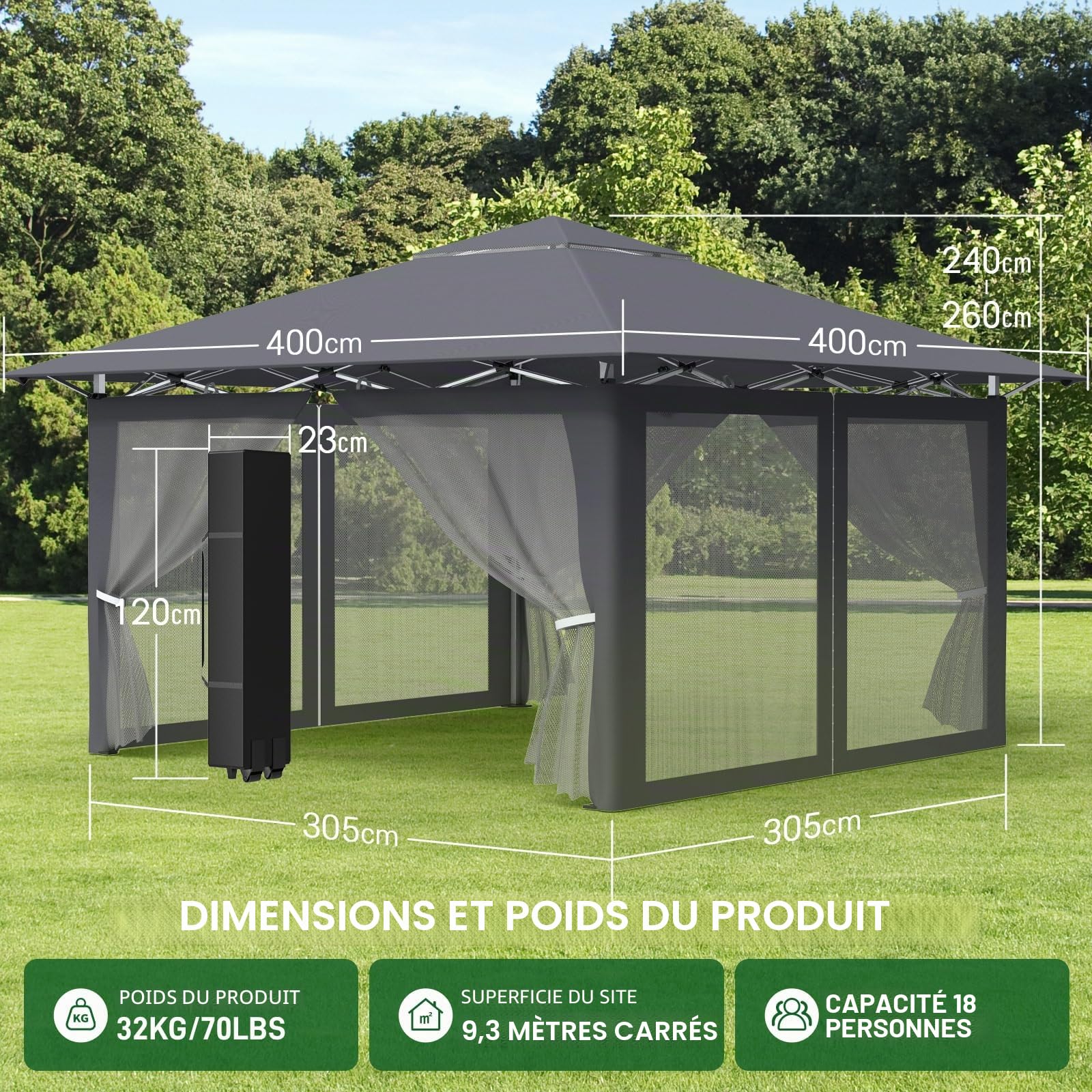 Tonnelle pliante 4 x 4 cm réglable en hauteur - Tonnelle pop-up avec 4 parties latérales anti-moustiques - Sac de transport - Piquets en métal et tissu Oxford 210D - Tente pour fête de jardin