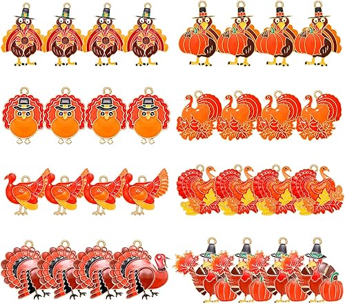 Miniatura 4 de NVENF 32 dijes de otoño para hacer joyas, dijes esmaltados de Acción de Gracias, calabaza, pavo, hoja de arce, colgantes para manualidades,