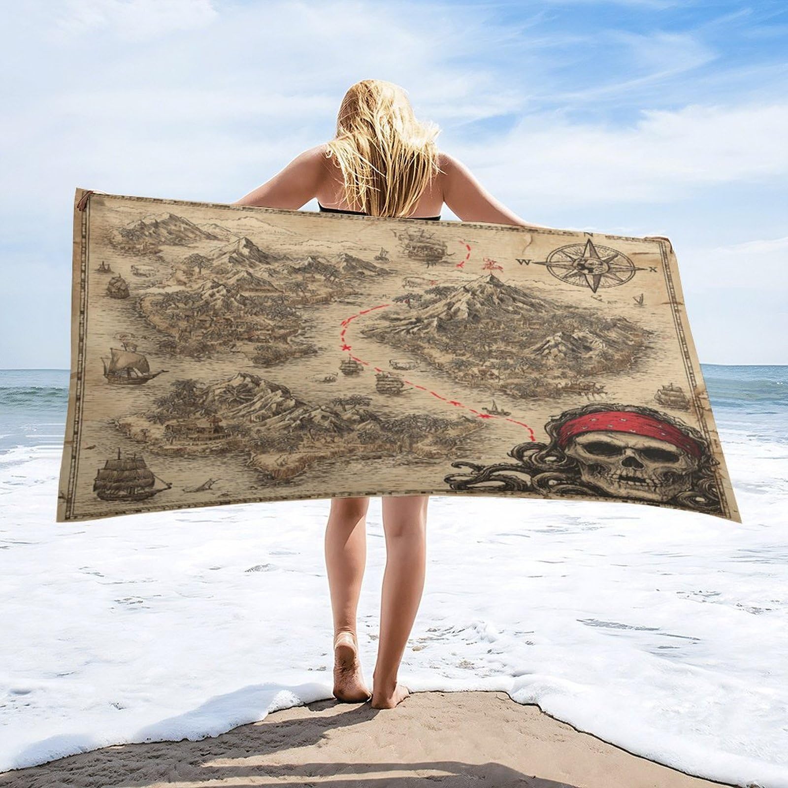 Luyysky Rustic Abstract Treasure Map Absorbent Beach Towel, Retro Watercolor Antique Map Pirate Ship Palm Trees Compass Outdoor Single-Sided Velvet Beach Towel-80 W Cm X 160" L Cm
