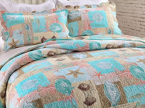 Miniatura 2 de YAYIDAY Juego de colcha de algodón con temática marina, manta de cama transpirable, colcha acolchada floral con fundas, estampado de concha de coral