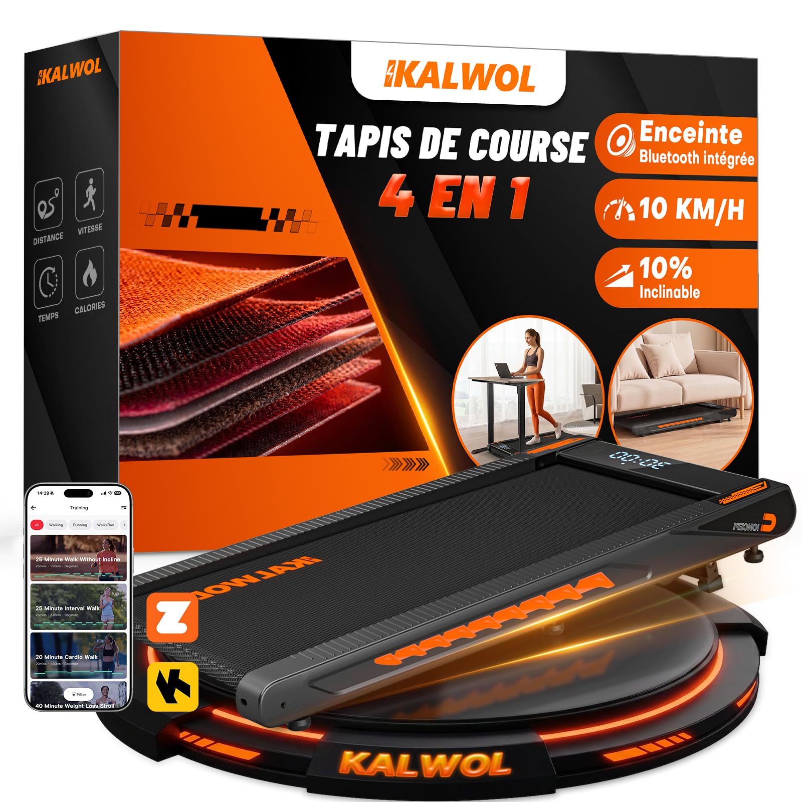 KALWOL Tapis de Course  Tapis de Marche avec Enceinte Bluetooth – Inclinaison 10%  Moteur Silencieux 2 75 CV  10 km/h  12 Programmes HIIT  APP & Télécommande  Charge 160 kg – pour Maison & Bureau