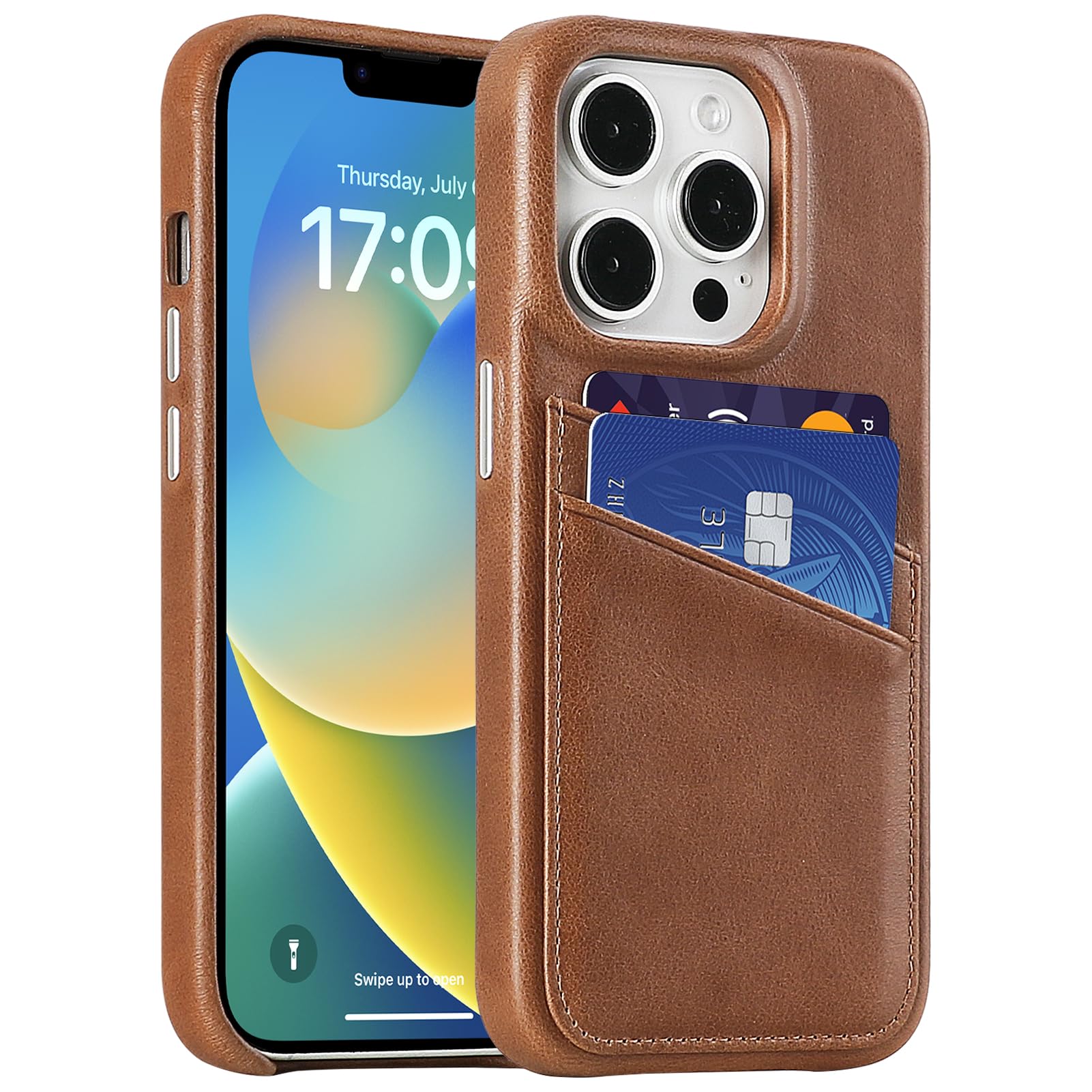 LUCKYCOIN Premium Handcrafted Genuine Leather Phone Case for iPhone 13 Pro,Slim Wallet Phone Case with Card Holder,Metal Buttons,Soft Microfiber