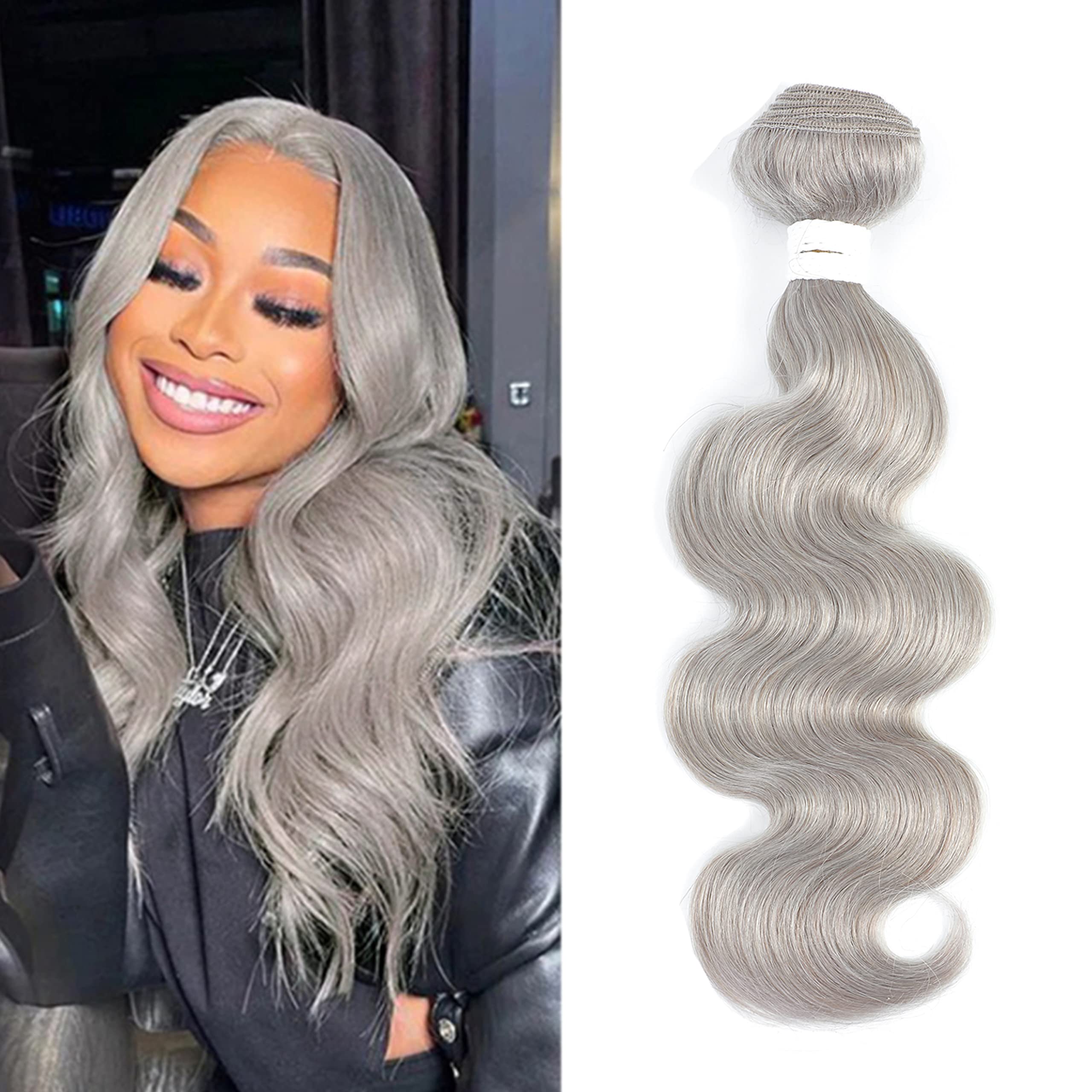 Body Wave Bundles 14Inch Grey Human Hair Bundle 100% Brazilian Remy 1 Bundle Hair Weave Double Weft Hair Extension