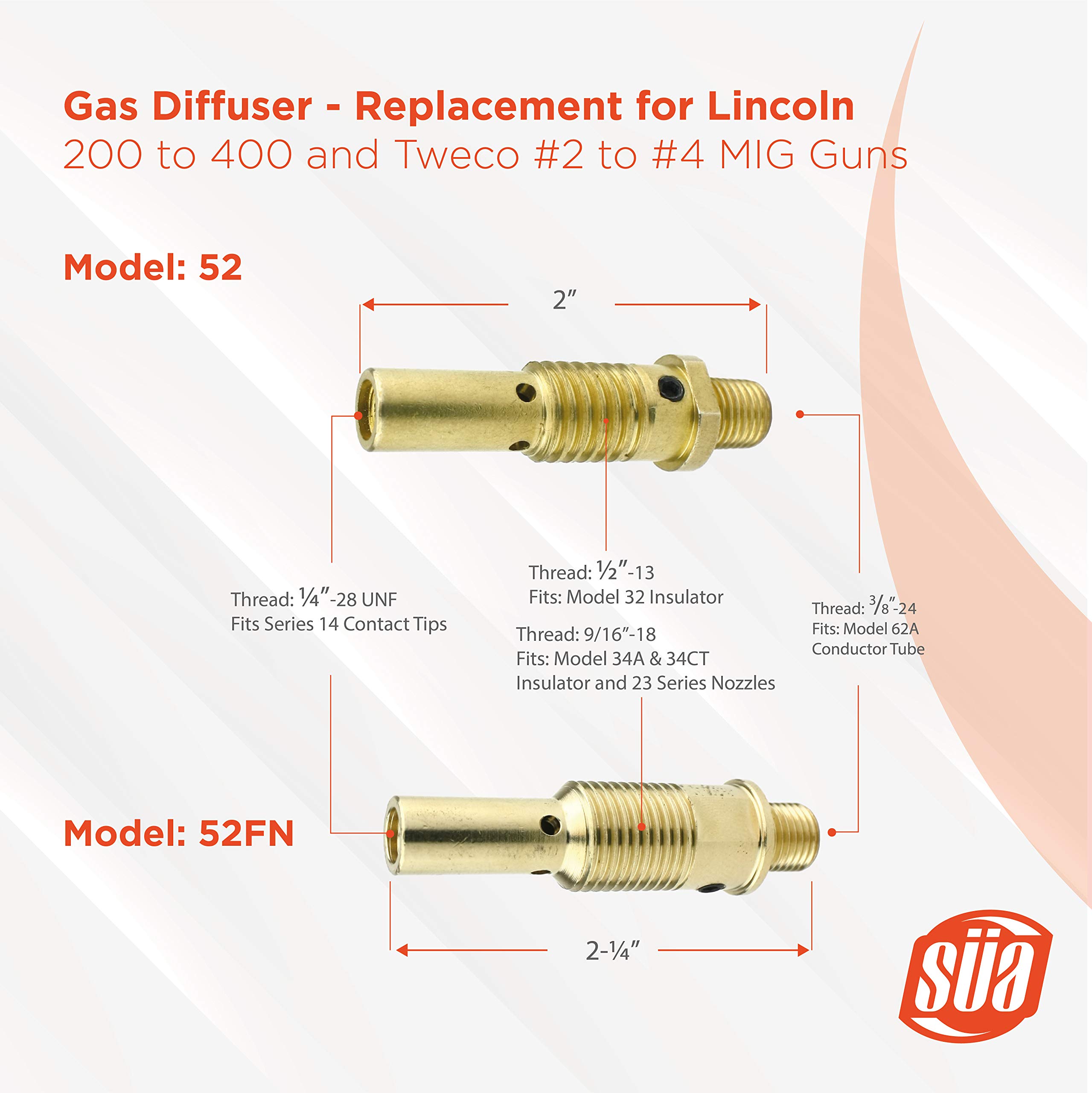 Gas Diffuser - Compatible with Lincoln/Magnum 200 to 400 and Tweco #2 to #4 Guns - Model: 52 - (2 PACK)