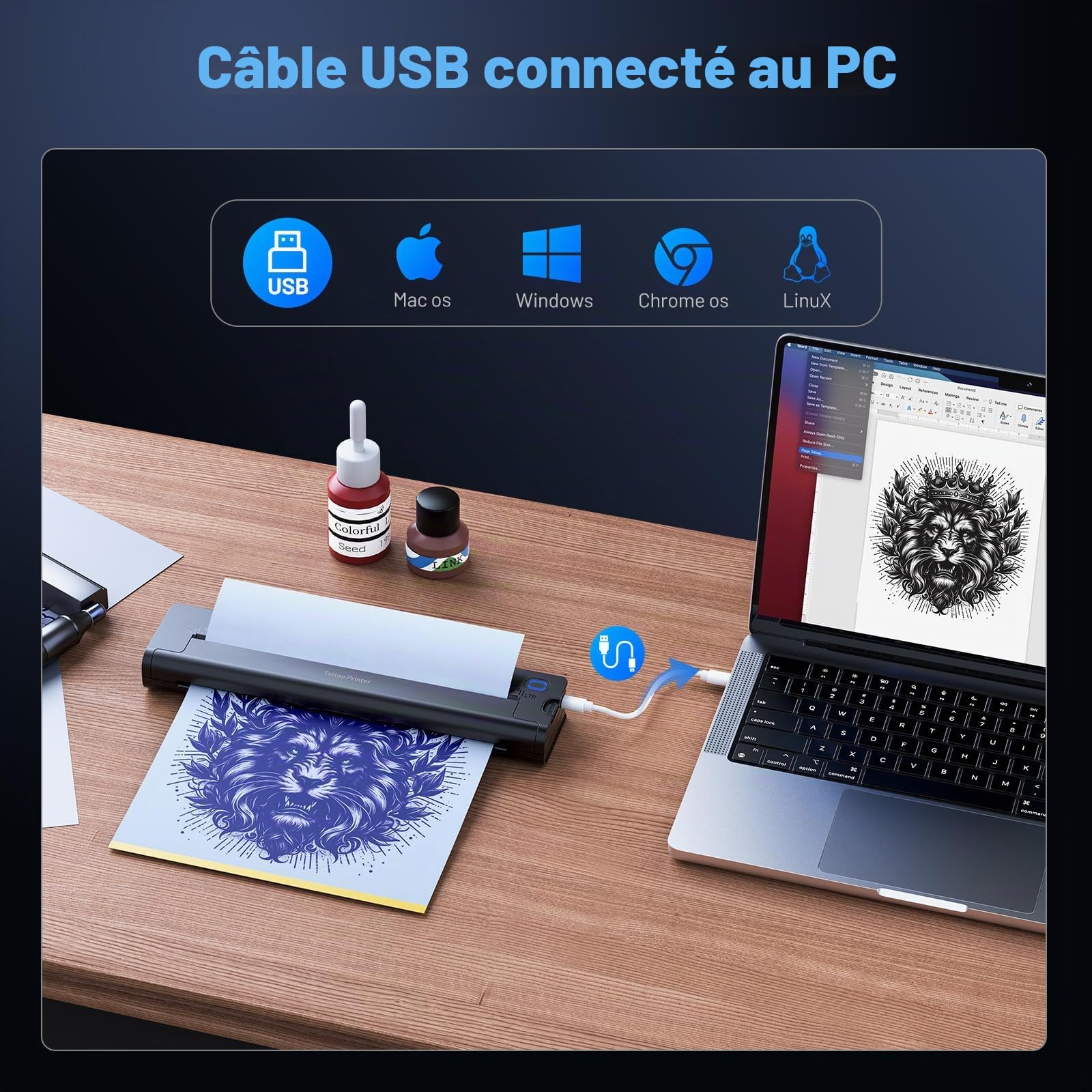A41 Thermocopieur Tatouage Bluetooth,Machine à imprimer tatouage | Portable Sans Fil avec 10 Papiers de Tatouage pour Tatoueurs & débutants, Compatible iPad, Phone et PC