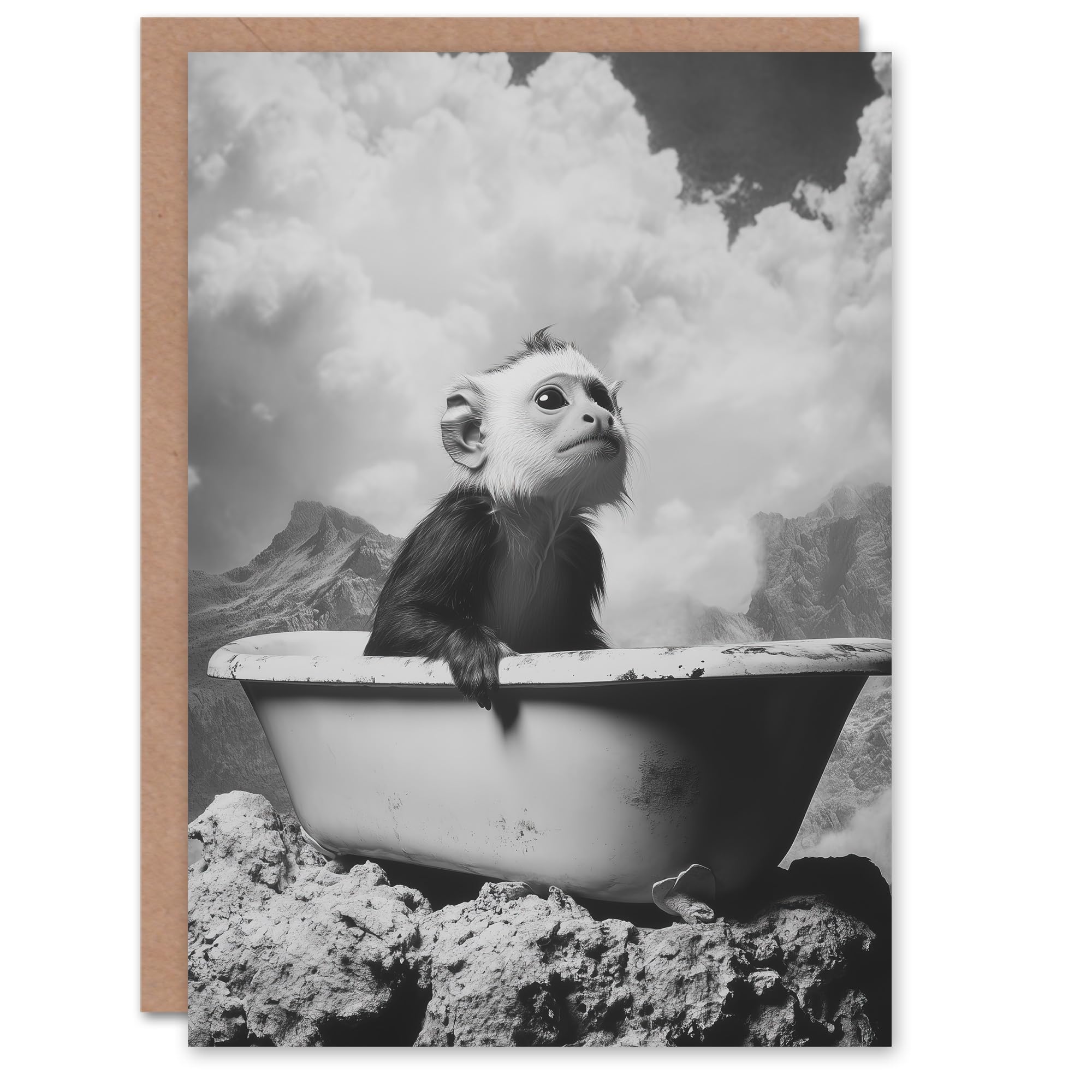 Artery8 Greeting Card Marmoset in Bathtub on a Mountain Peak Surreal Blank For Him Or Her Art Birthday Card