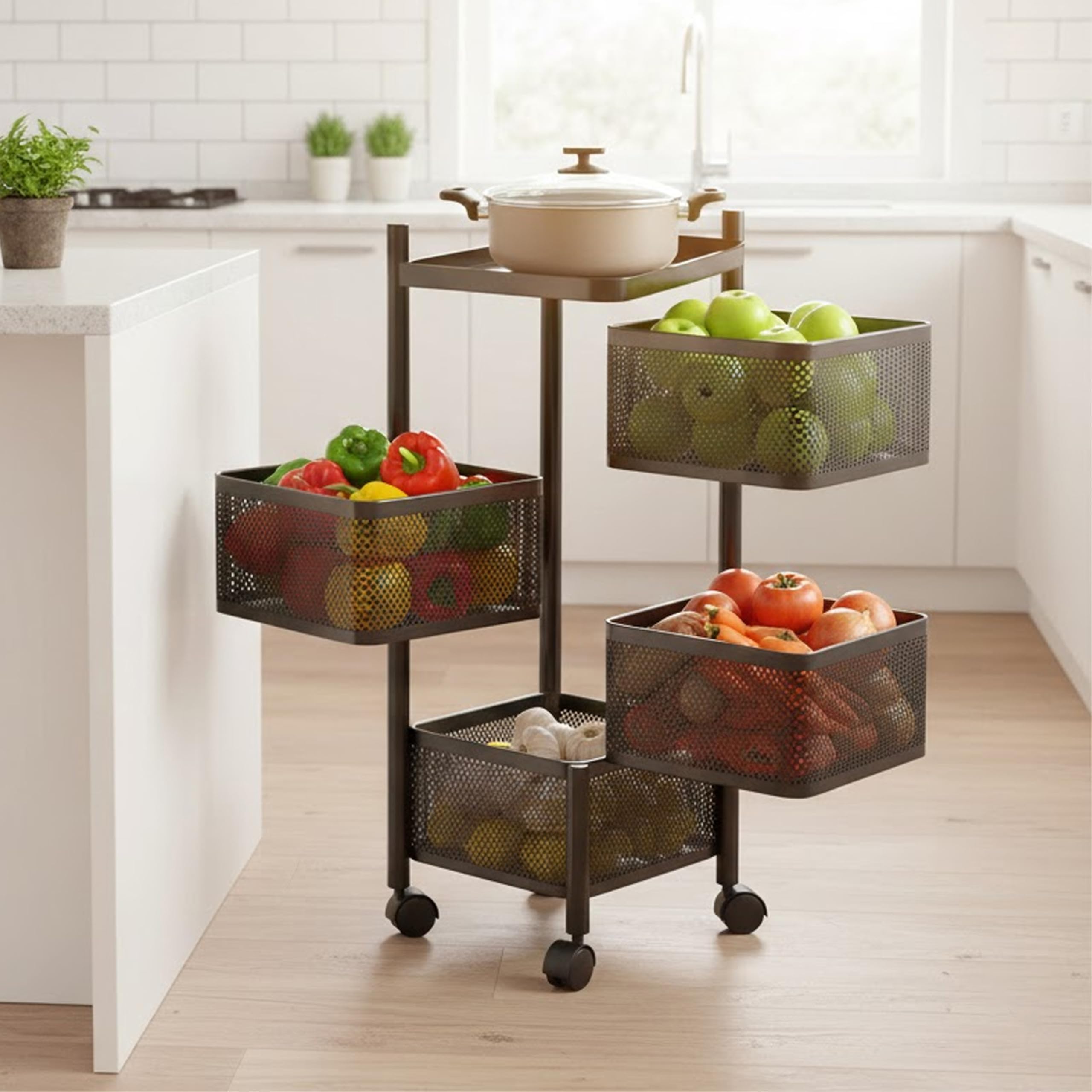 Oblivion Kitchen Trolley with Wheels - Multipurpose Metal Organizer Cart for Fruit, Vegetables, Kitchen Accessories & Storage Items, Movable Utility Stand, Durable Round Rack (1, Square 4 Layered)-image-16