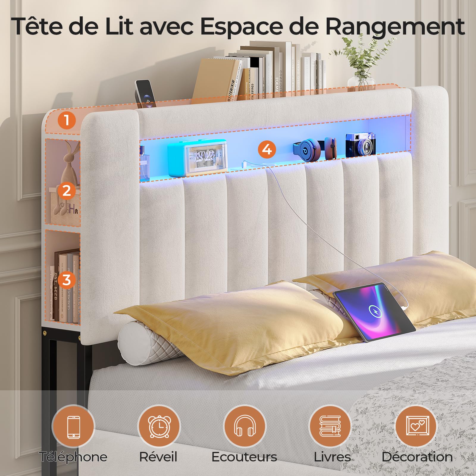 AOGLLATI Lit 140x190 à LED avec Multiprise et 4 Grands Tiroirs, Cadre de Lit avec Sommier à Latte et Tête de Lit Capitonnée Sommier avec Rangement, Moderne sans Matelas (Velours Beige, 140x190cm)
