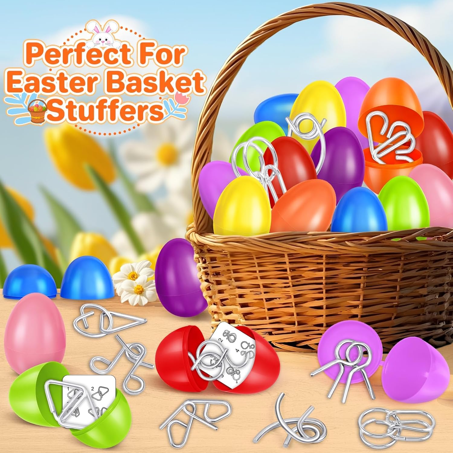 OCHIDO 24 Pack Easter Eggs Filled with Metal Brain Teaser Puzzles Toys, Easter Basket Stuffers for kids, Easters Basket Essentials, Party Favors for Easters Eggs Hunt Game, Classroom Prize