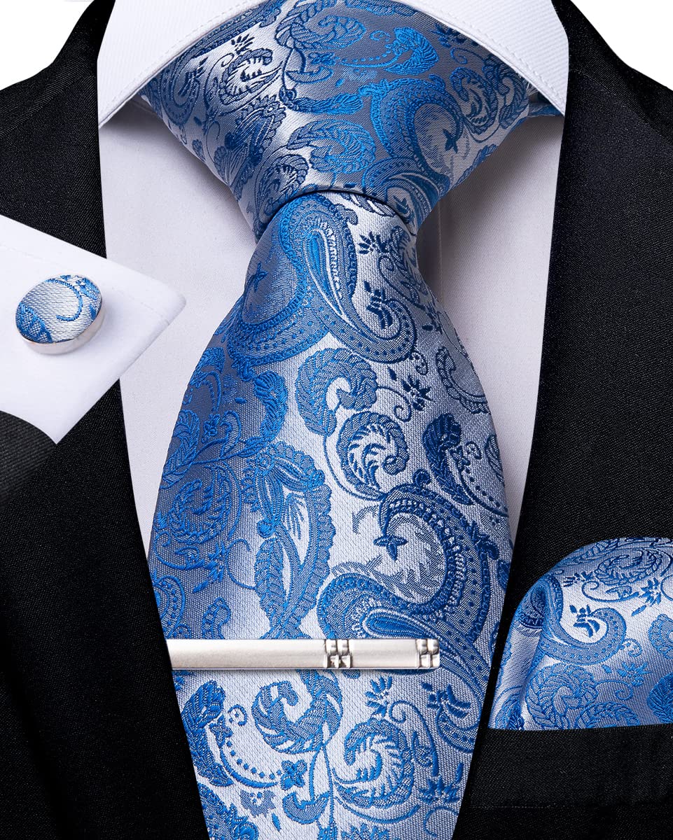 DiBanGu Men's Necktie Handkerchief Silk Paisley Floral Tie Pocket Square Cufflink Set, 150cm, Light Blue2