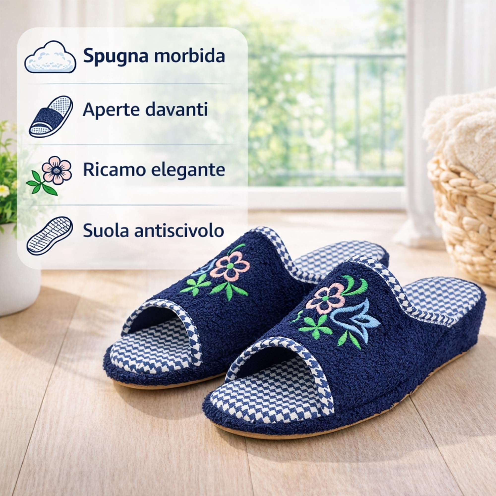 JOMIX Chaussons Éponge Ouverte Femme Maison Été Talon Compensé Semelle Liège Confortables avec Broderie pour Dame Souple Légères