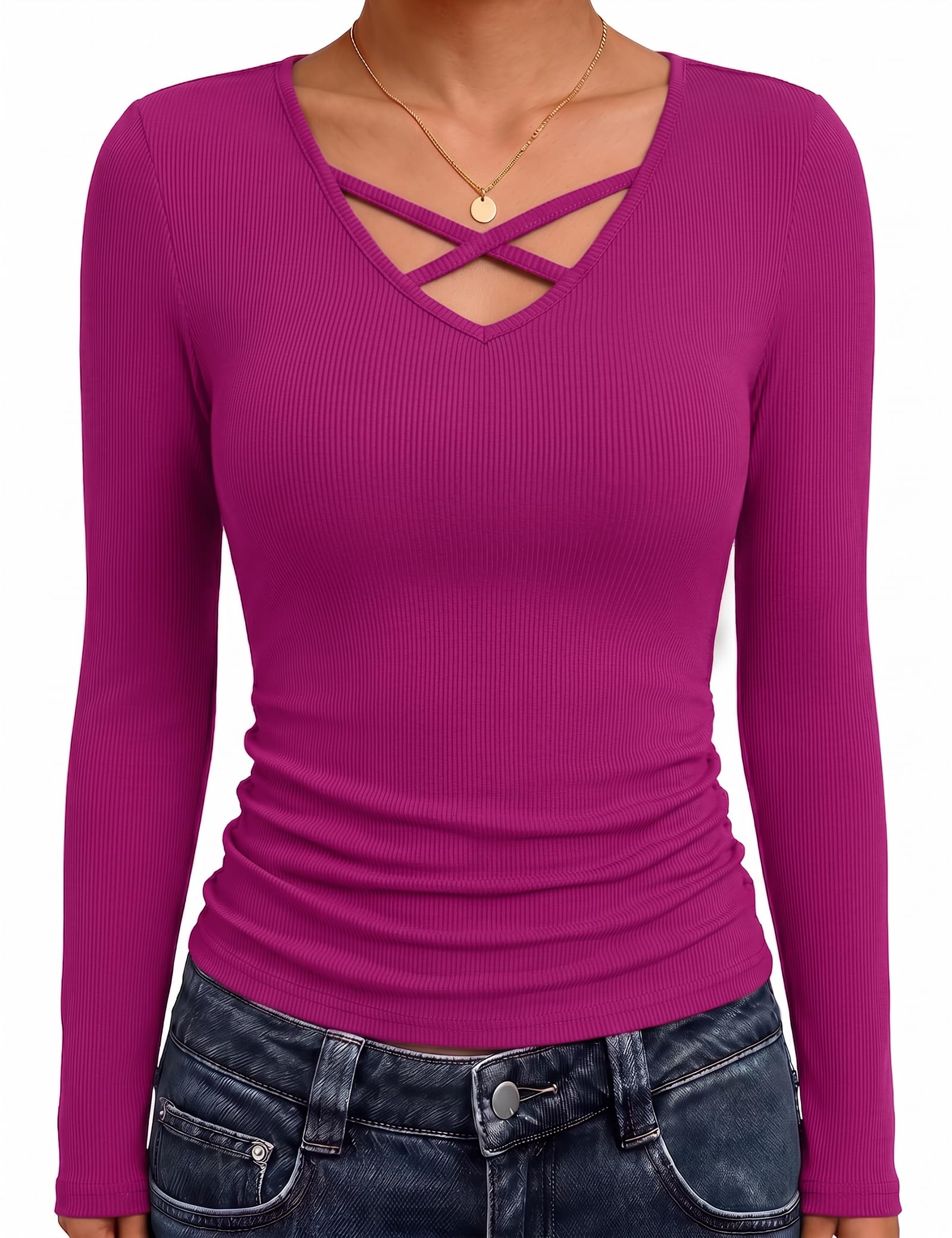 Aottori Langarmshirt Damen V-Ausschnitt Gerippt Oberteile Elegant Slim Fit | Rippshirt, Stretch Top, Figurbetont, Sexy, Herbst Winter, Einfarbig, Oberteil, Basic Shirt, Dünn Pullover