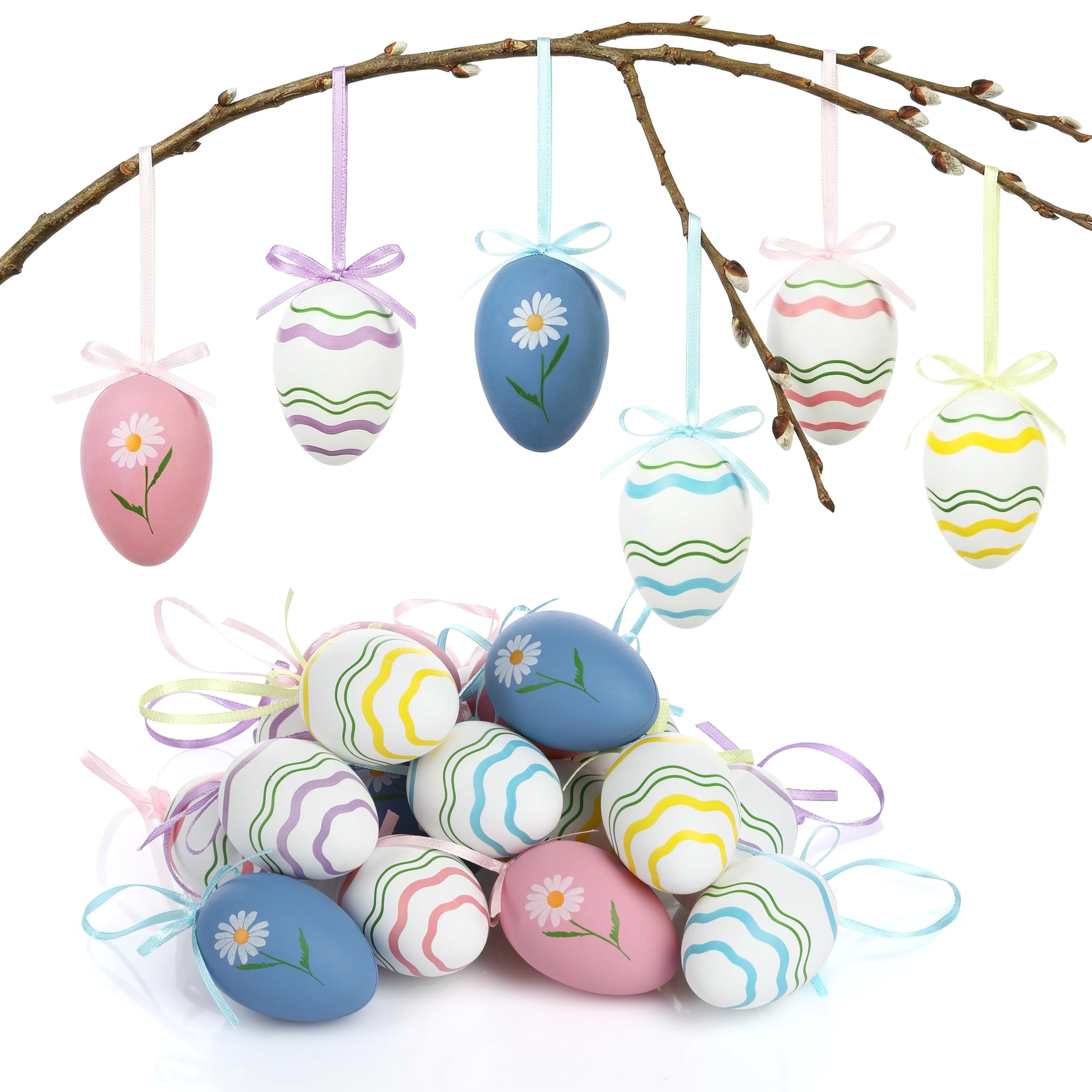 Nordstern Ostereier zum Aufhängen 24er Pack mit Muster - Osterdeko, Frühlingsdeko für Innen und Außen - Bunte Plastikeier in 6 Mustern