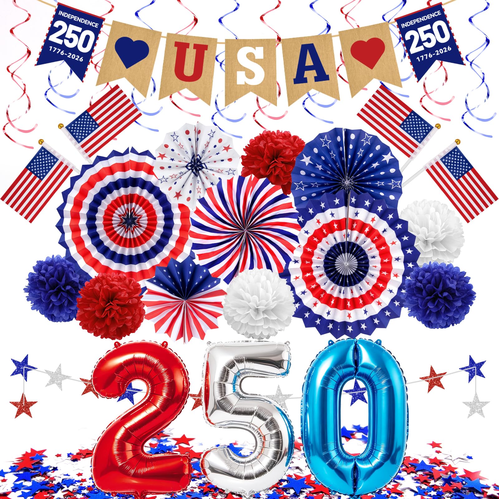 Photo 1 of 34PCS 4th/Fourth of July USA 250th Anniversary Decorations Set, Red White Blue Patriotic Decorations, Love USA Banner American Flag Pom Poms Decor for Memorial Day Independence Day