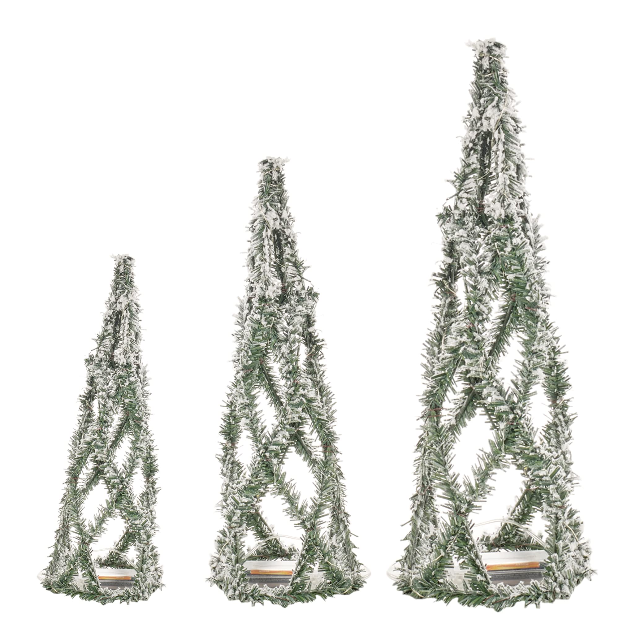 Urbnliving Green And White Snow 3 Pcs Light Up Led Christmas Tree Cones, Xmas Cone Pyramids With Led Fairy Light Strings For Home Decor Window Display, 40-80Cm Tall, 3 X Aa Batteries (Green And White Snow)