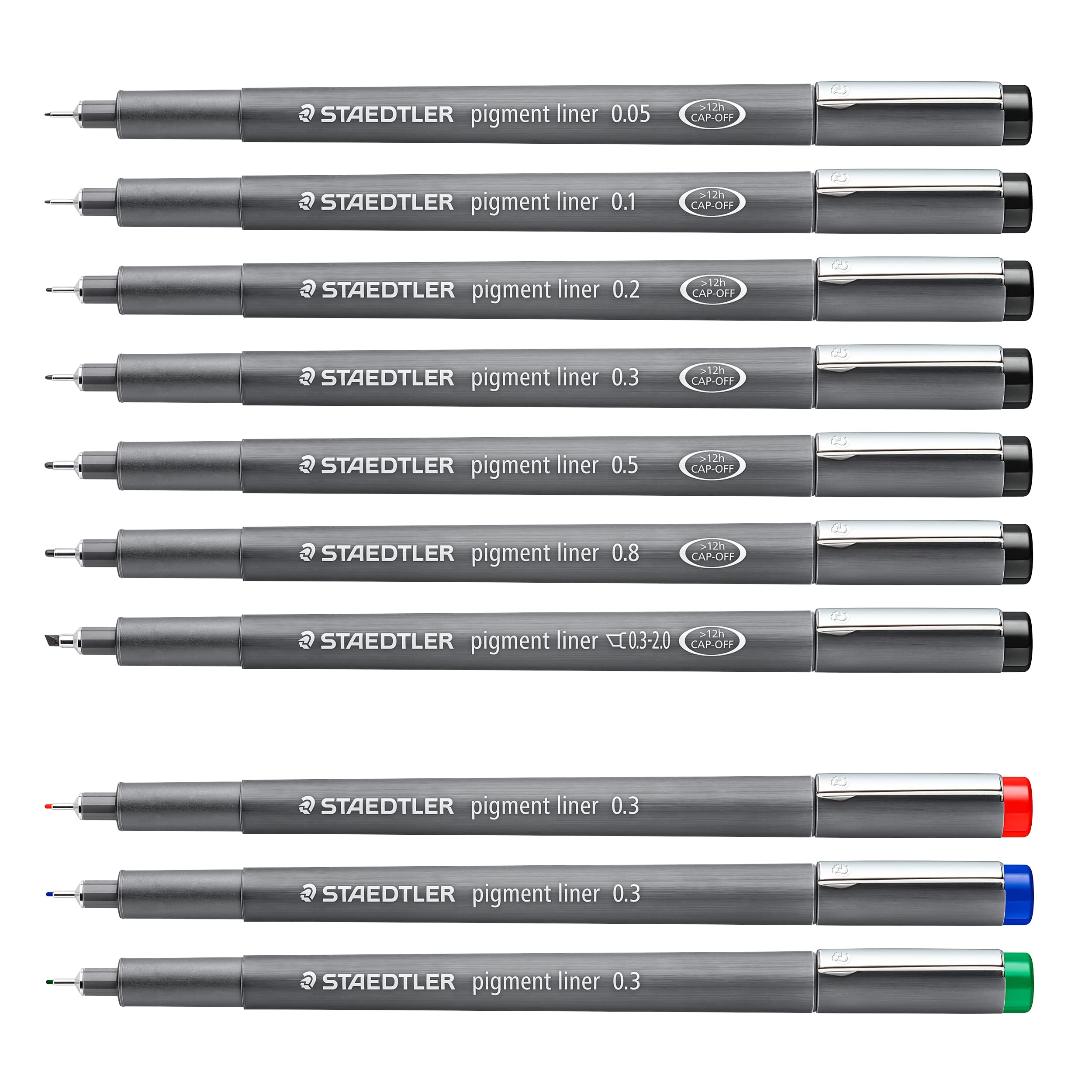 Staedtler Pigment Liner in diverse larghezze di linee con 3 liner gratis, inchiostro pigmentato per documenti, lunga durata, 7 larghezze di linee con 3 rivestimenti colorati, multicolore, 1 pezzo