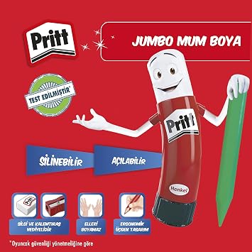 Pritt 12'li Jumbo Üçgen Silinebilir Pastel Boya (Mum Boya) + Silgi ve Kalemtıraş Hediyeli