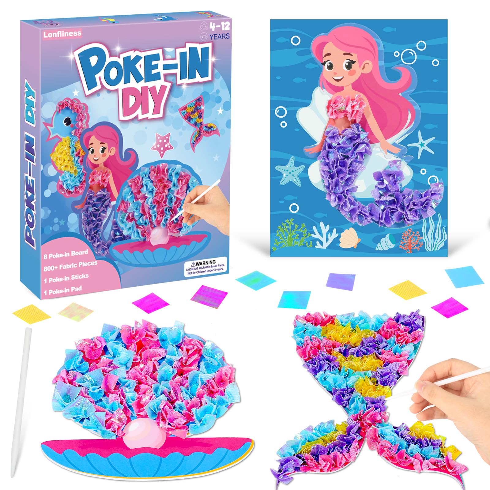 Lonfliness 8 Pcs Mermaid Poke in Craft Kits for Kids Mess Free DIY Art